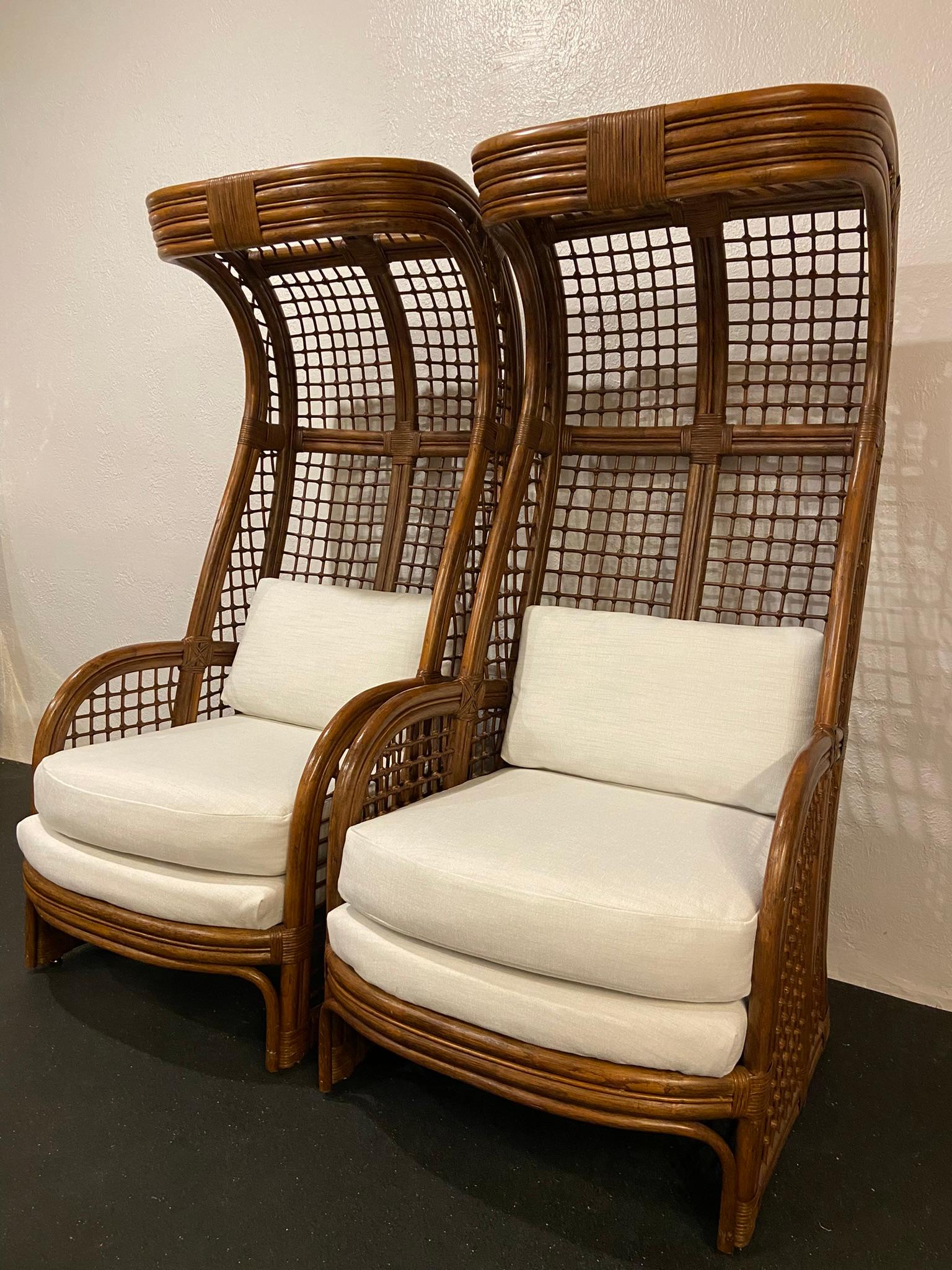 Hollywood Regency High Back Hooded Rattan Lounge Chairs, Pair 