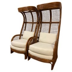 High Back Hooded Rattan Lounge Chairs, Pair 