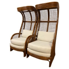 High Back Hooded Rattan Lounge Chairs, Pair