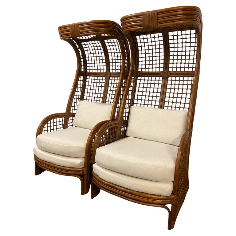 High Back Hooded Rattan Lounge Chairs, Pair at 1stDibs
