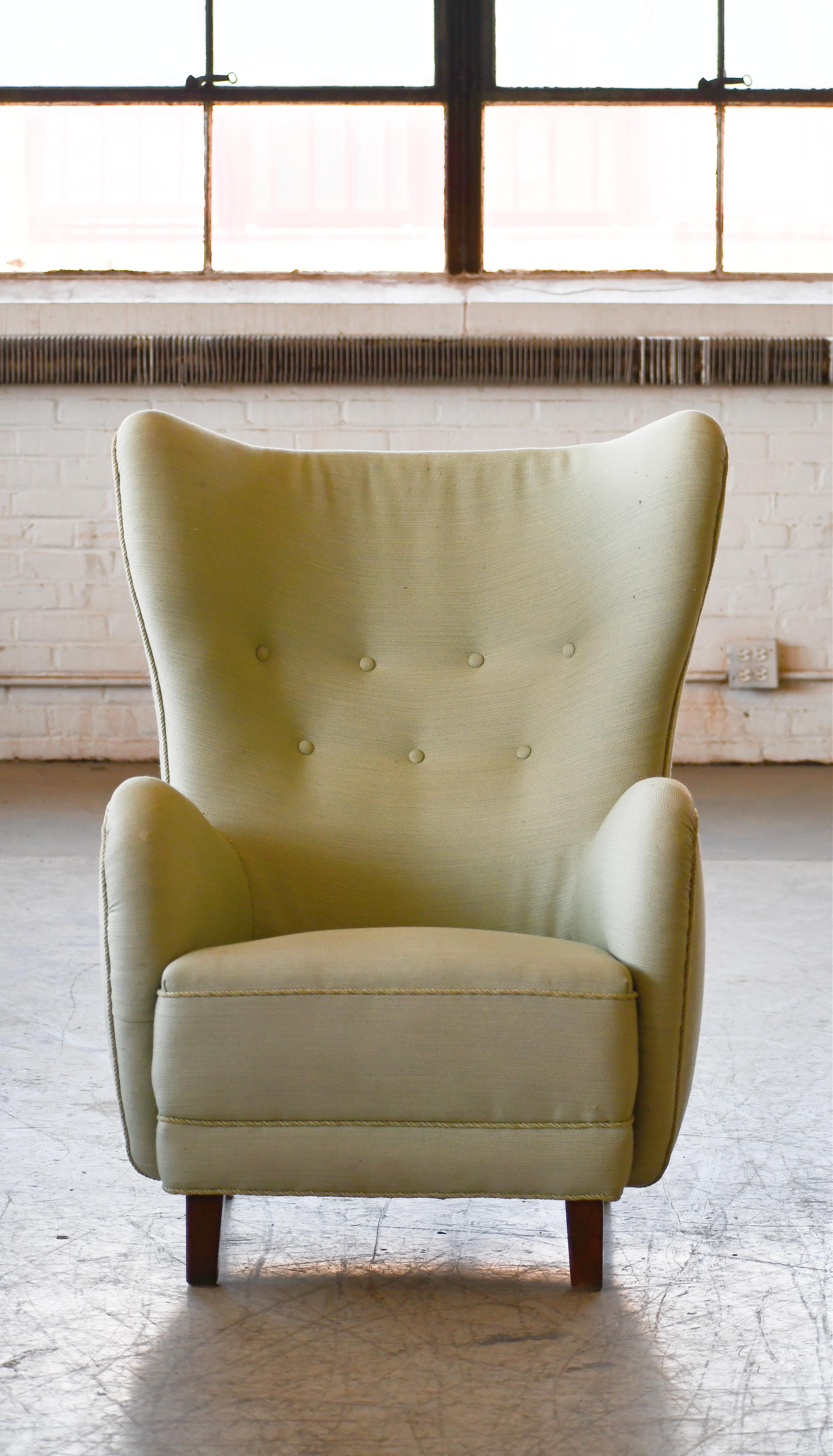 Mid-Century Modern High Back Lounge Chair Attributed to Flemming Lassen Denmark 1940's For Sale
