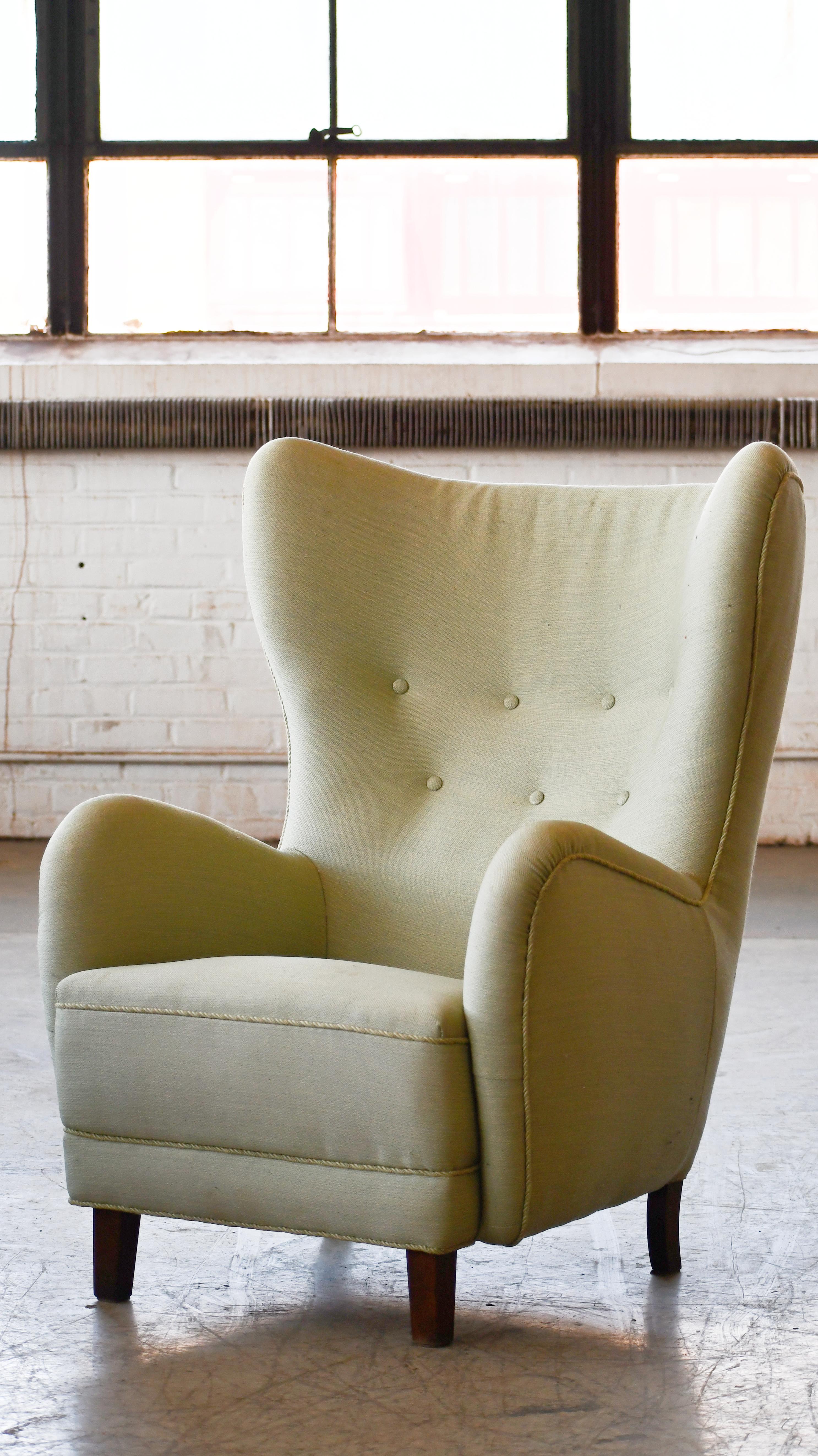 Danish High Back Lounge Chair Attributed to Flemming Lassen Denmark 1940's For Sale
