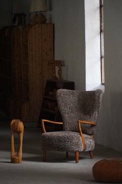 High-Back Lounge Chair in Oak & Lambswool, Dansih Modern, Viggo Boesen, 1950s