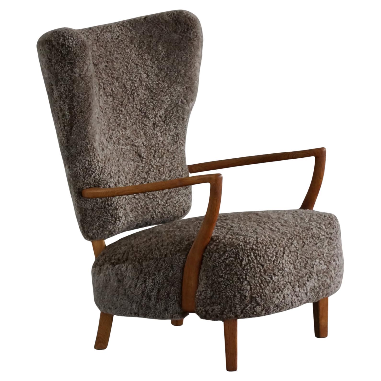High-Back Lounge Chair in Oak & Lambswool, Danish Modern, Viggo Boesen, 1950s