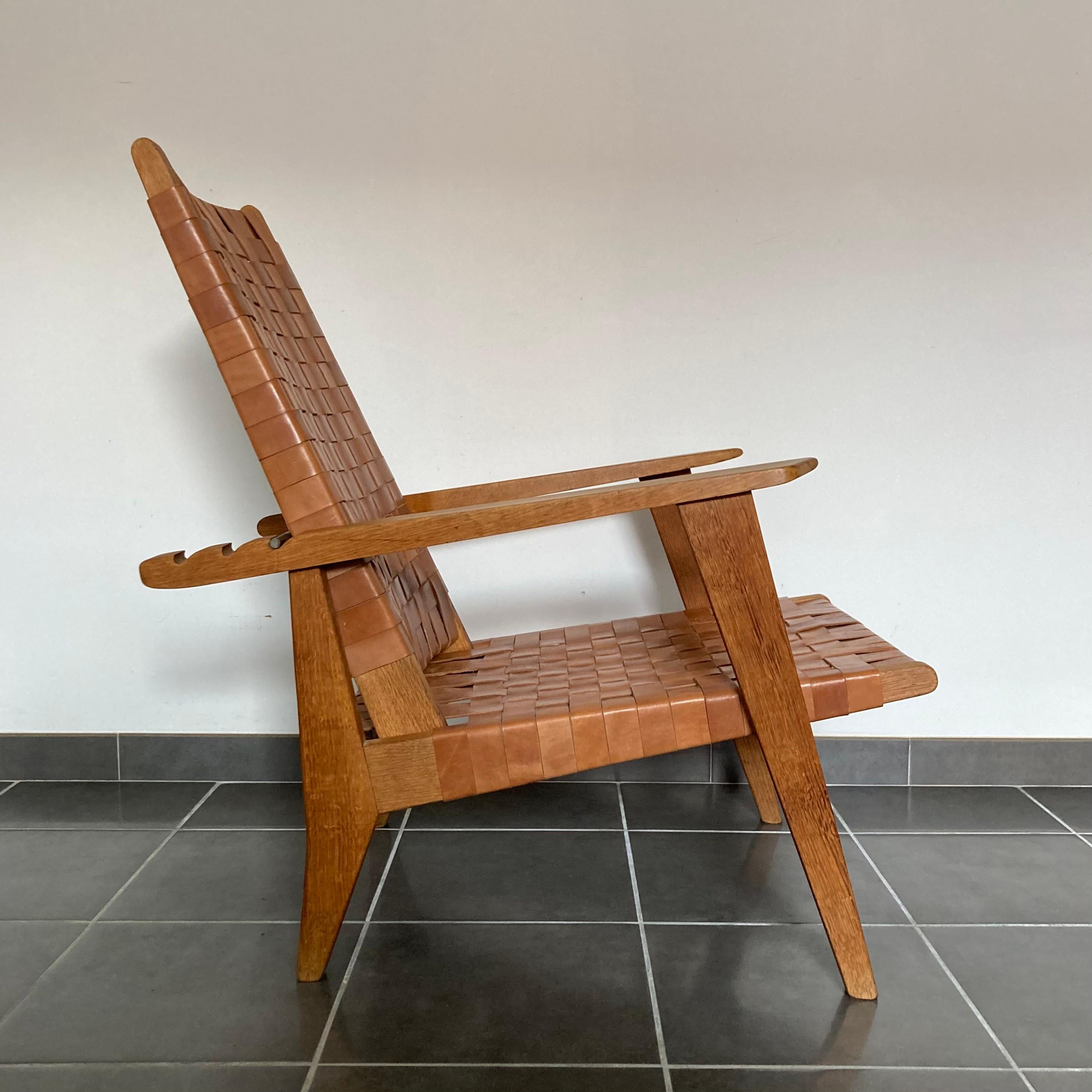 High Back Lounge Chair, Leather Webbed & Solid Oak Wood in the Style of J. Risom For Sale 6