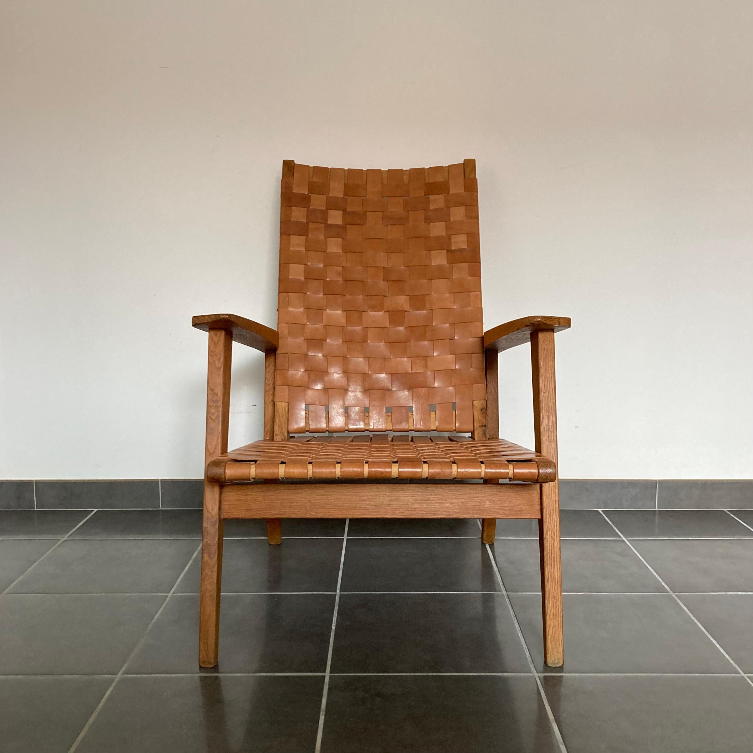 French High Back Lounge Chair, Leather Webbed & Solid Oak Wood in the Style of J. Risom For Sale
