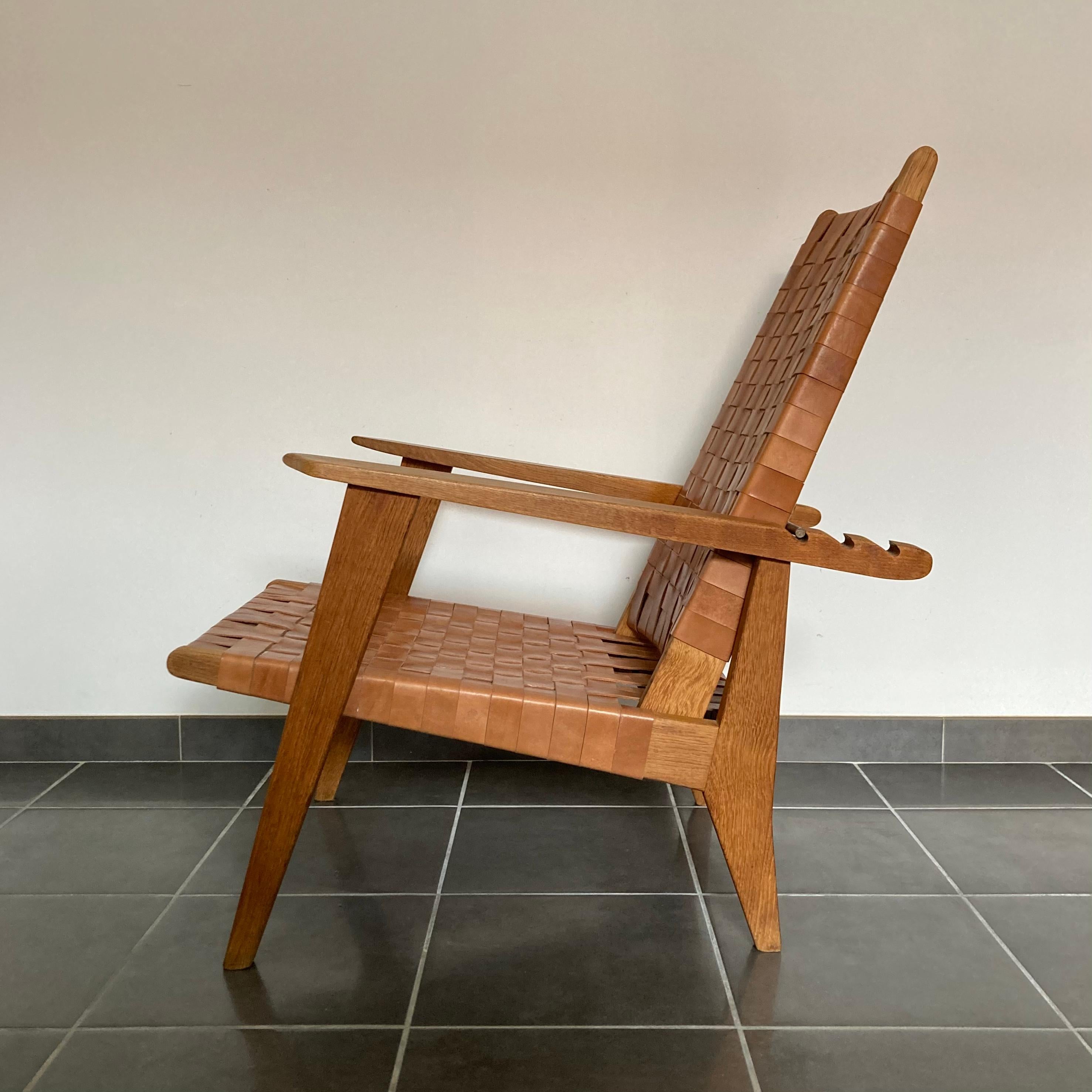 High Back Lounge Chair, Leather Webbed & Solid Oak Wood in the Style of J. Risom For Sale 2