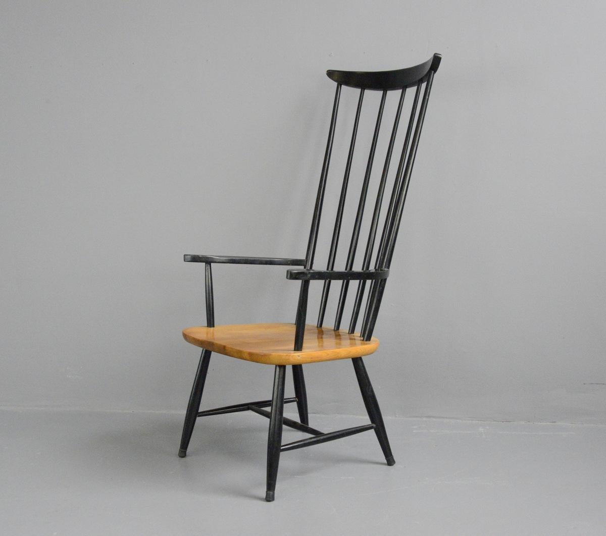 High back midcentury chair by Ilmari Tapiovaara, circa 1960s

- Teak seat with beech legs and spindles
- Designed by Ilmari Tapiovaara
- Finnish, 1960s
- Measures: 53cm wide x 48cm deep x 112cm tall
- 38cm seat height

In 1937 he graduated