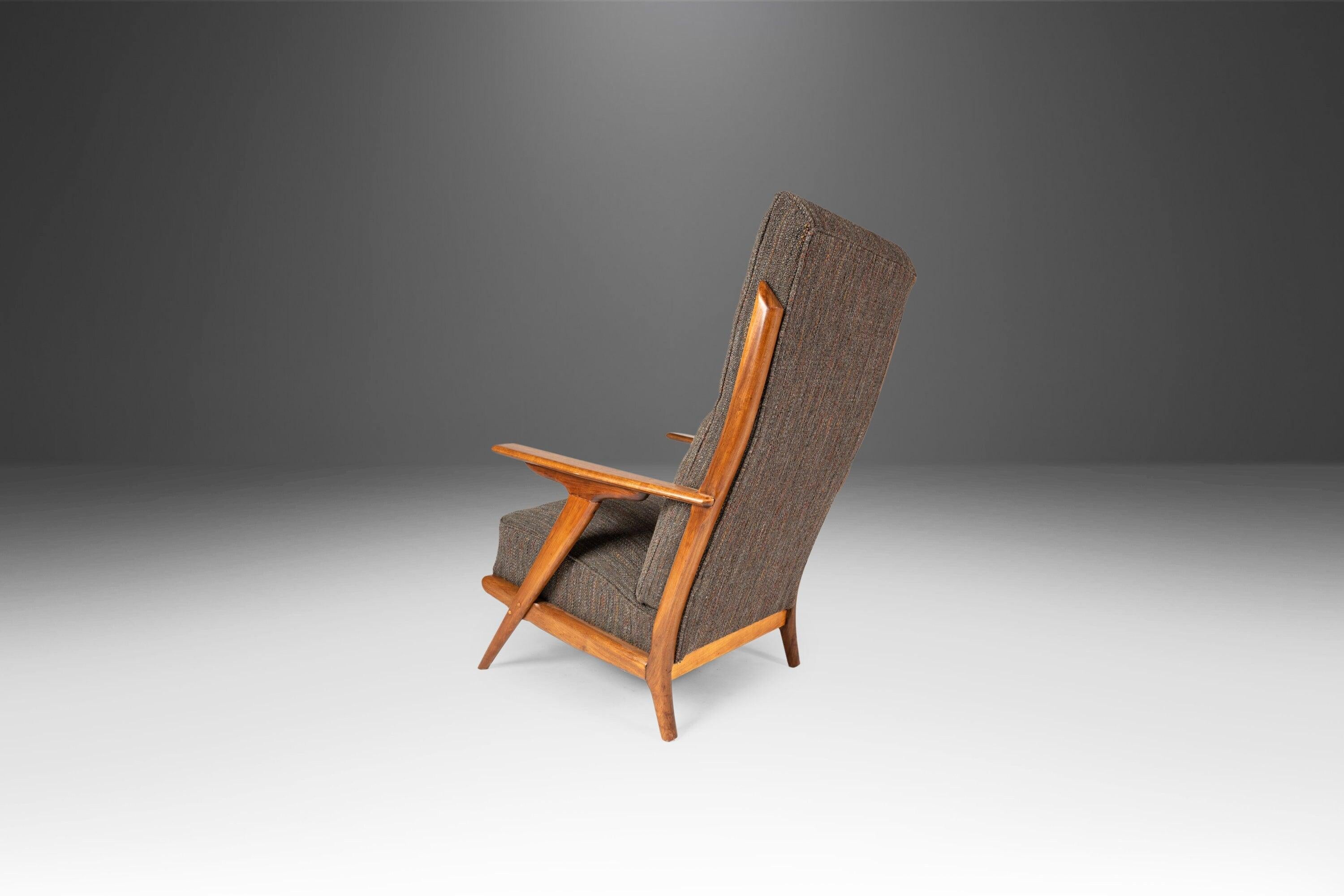 Mid-Century Modern High Back Lounge Chair & Ottoman After Hans Wegner in Knoll Fabric, USA, c. 1960 For Sale