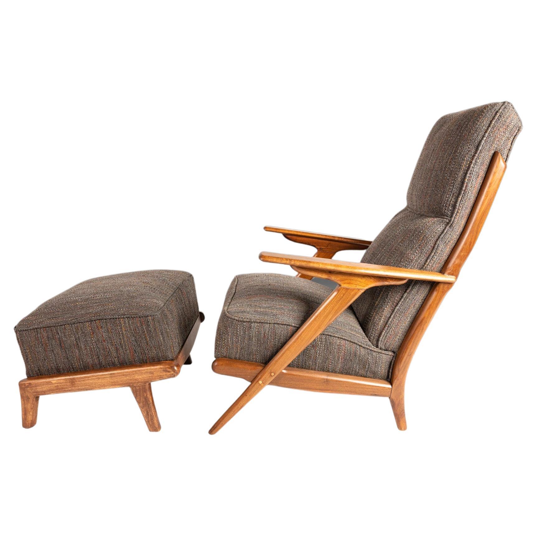High Back Lounge Chair & Ottoman After Hans Wegner in Knoll Fabric, USA, c. 1960 For Sale