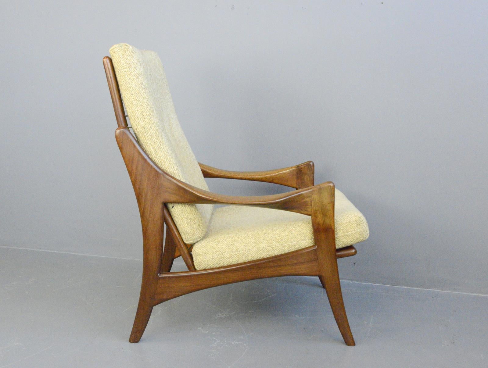 High back midcentury lounge chair by Gelderland, circa 1950s

- Sculptural teak frame
- Sprung seat and backrest
- Original upholstery
- Produced by Gelderland
- Dutch, 1950s
- Measures: 72cm wide x 80cm deep x 98cm tall
- 44cm seat