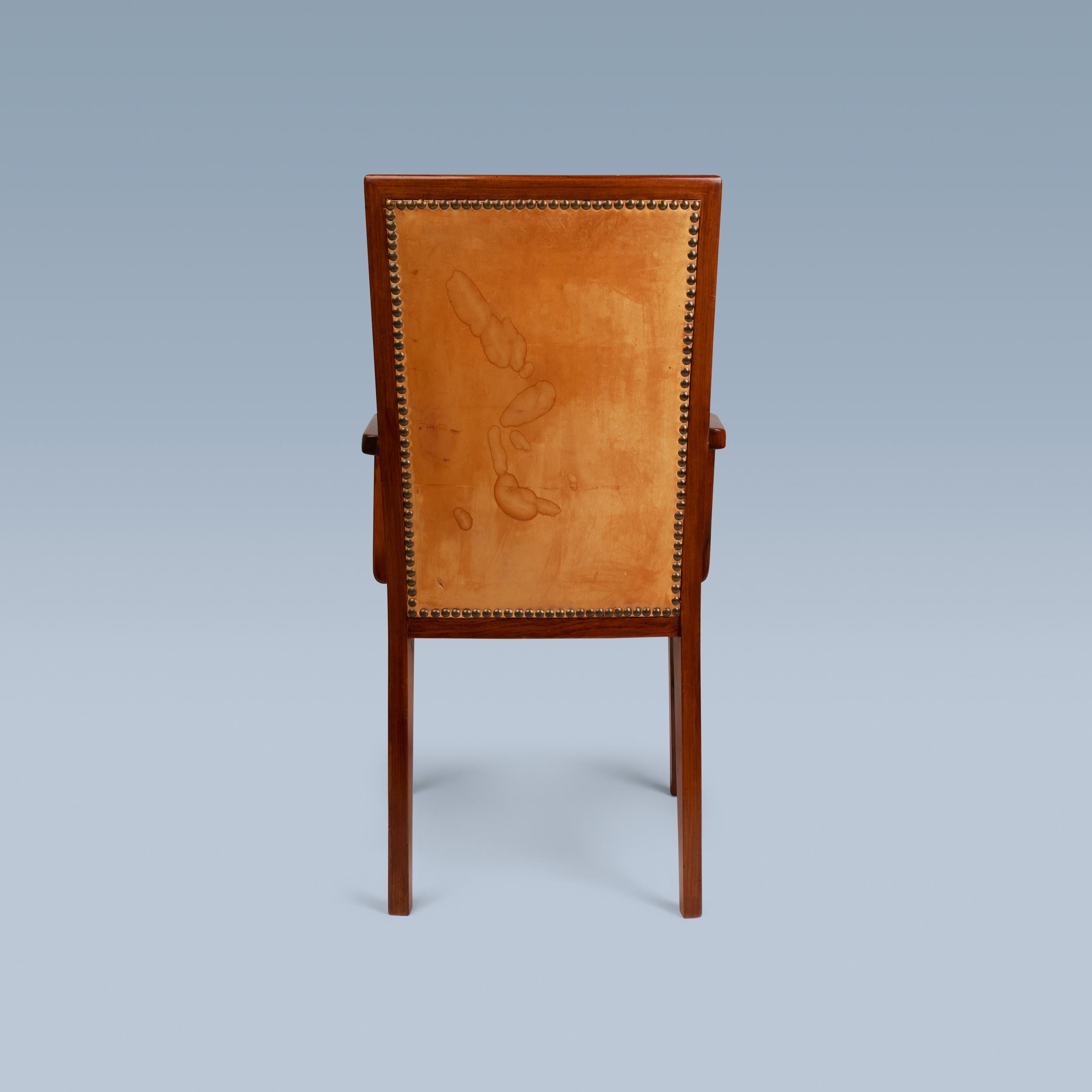 High back nut wood armchair with leather seat and back by Danish cabinetmaker For Sale 1