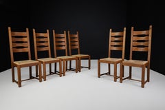 High Back Oak and Rush Dining Chairs, France, 1960s