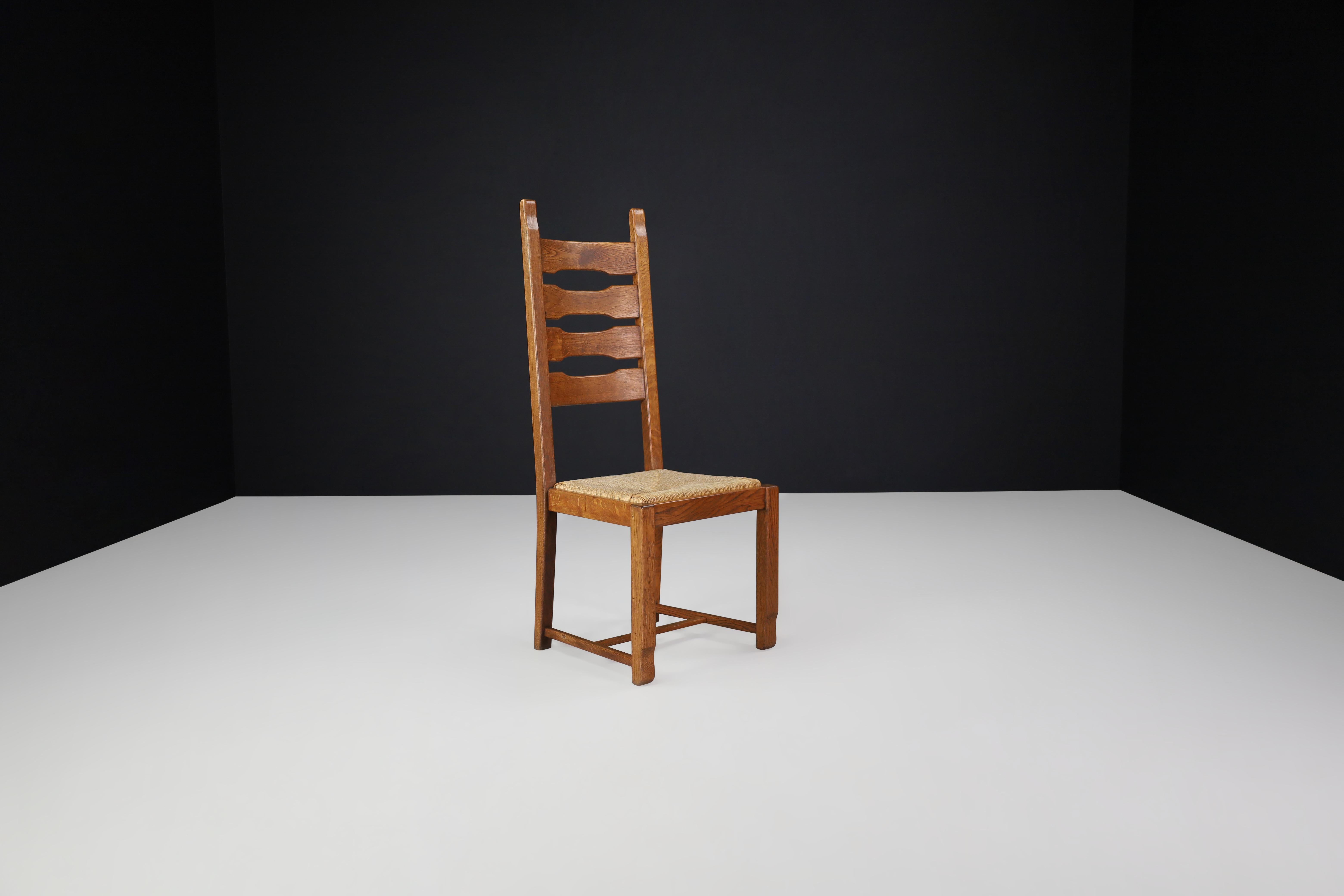 Mid-Century Modern High Back Oak and Rush Dining Chairs, France, 1960s For Sale