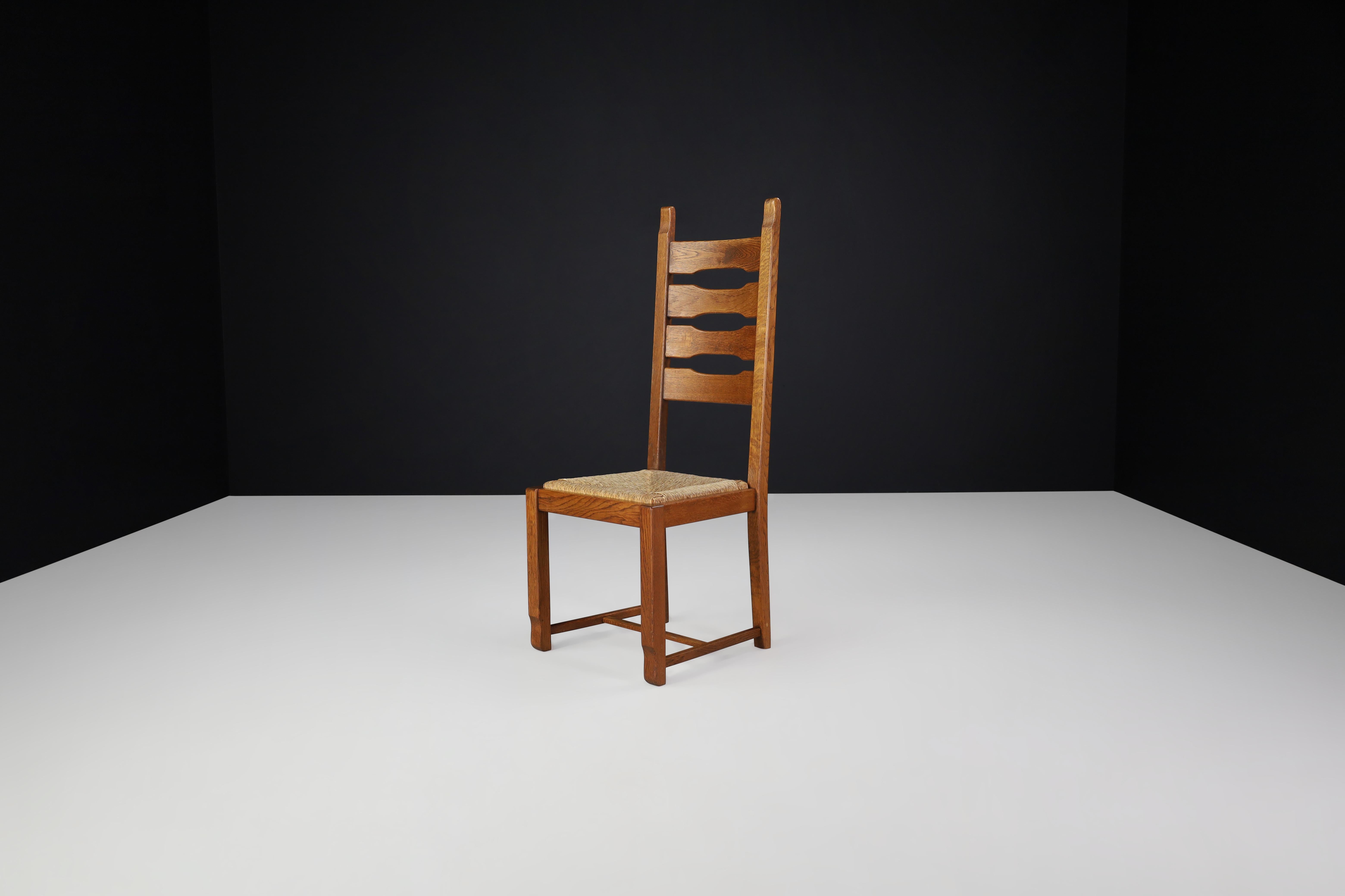 French High Back Oak and Rush Dining Chairs, France, 1960s For Sale