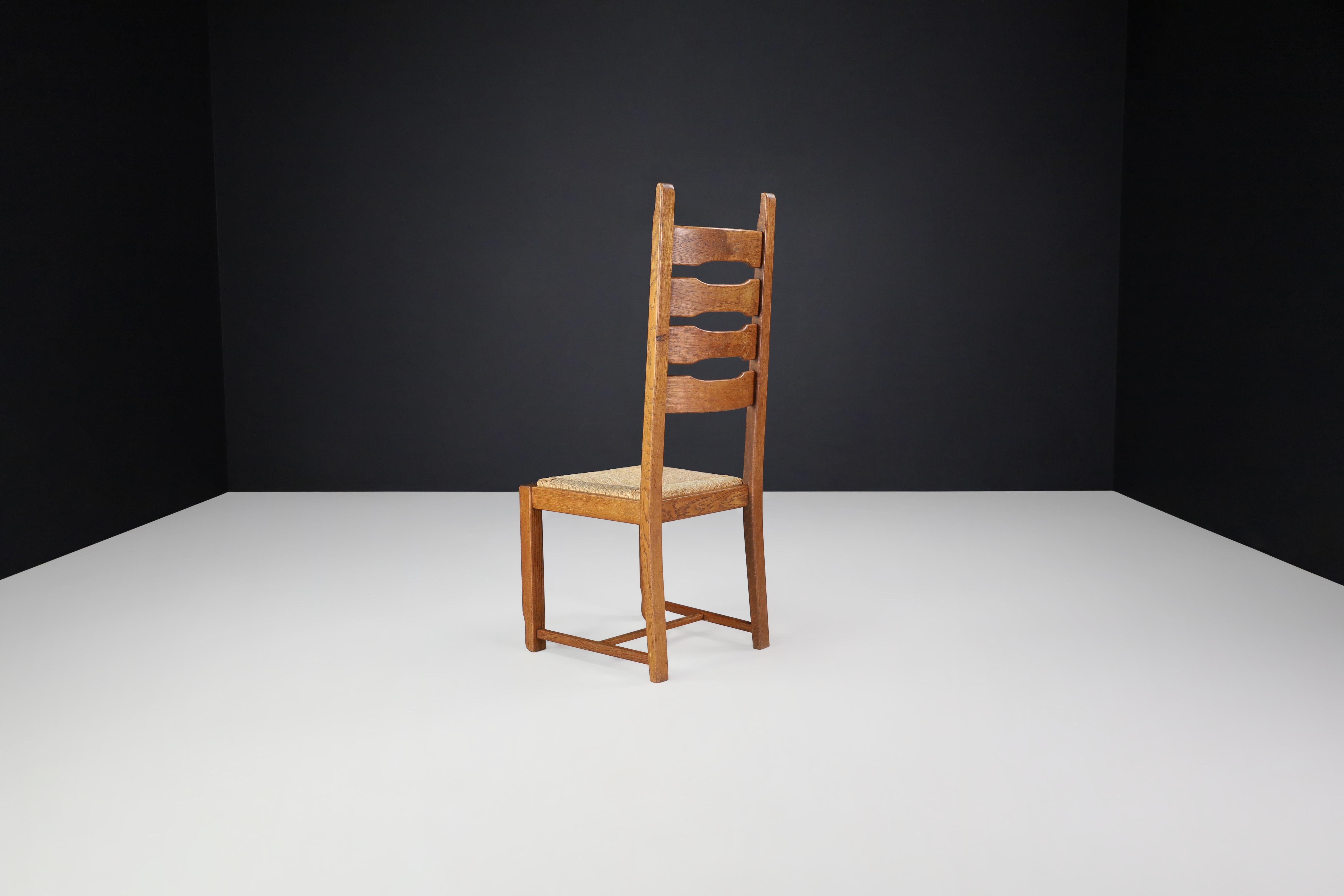 20th Century High Back Oak and Rush Dining Chairs, France, 1960s For Sale