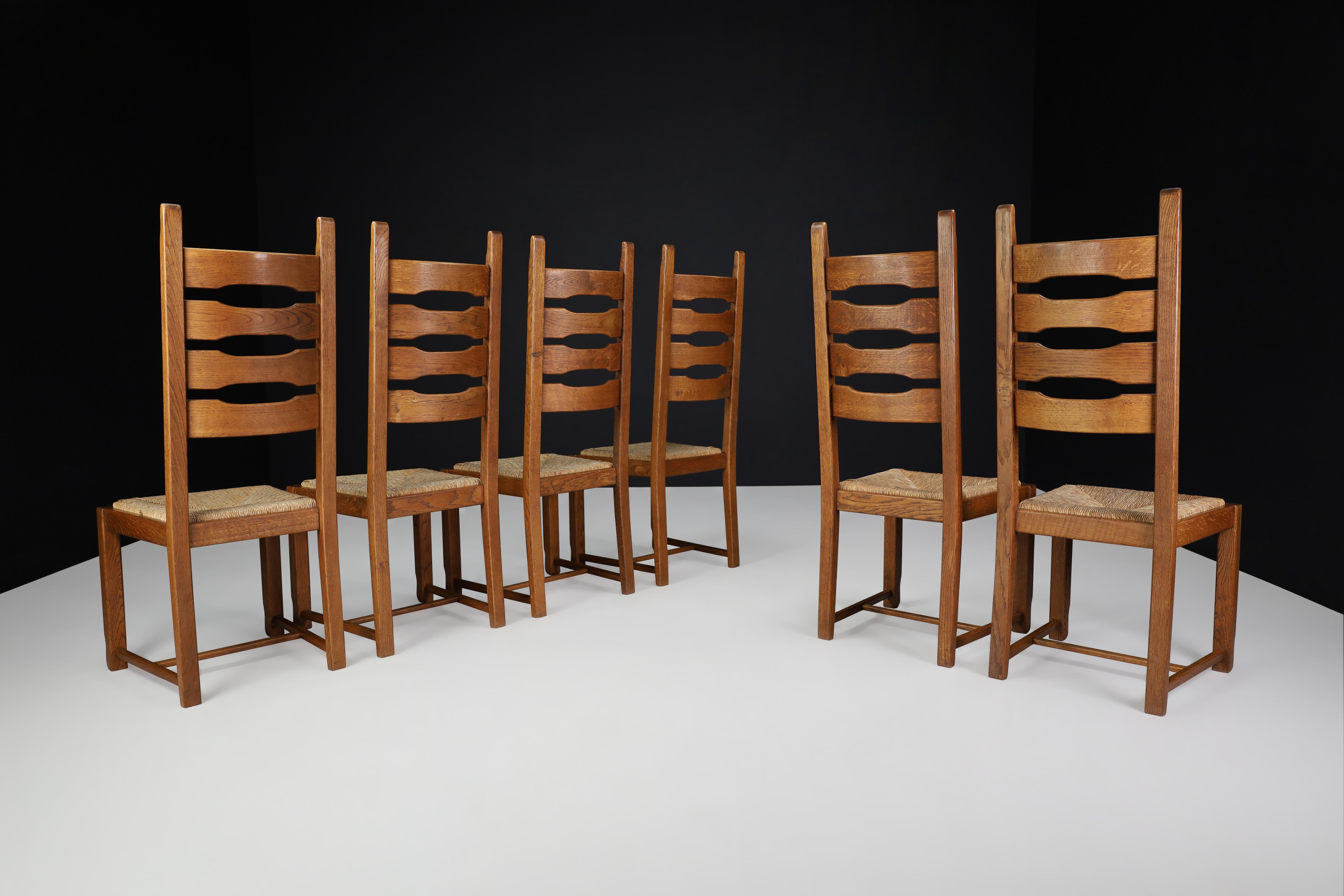 High Back Oak and Rush Dining Chairs, France, 1960s For Sale 1
