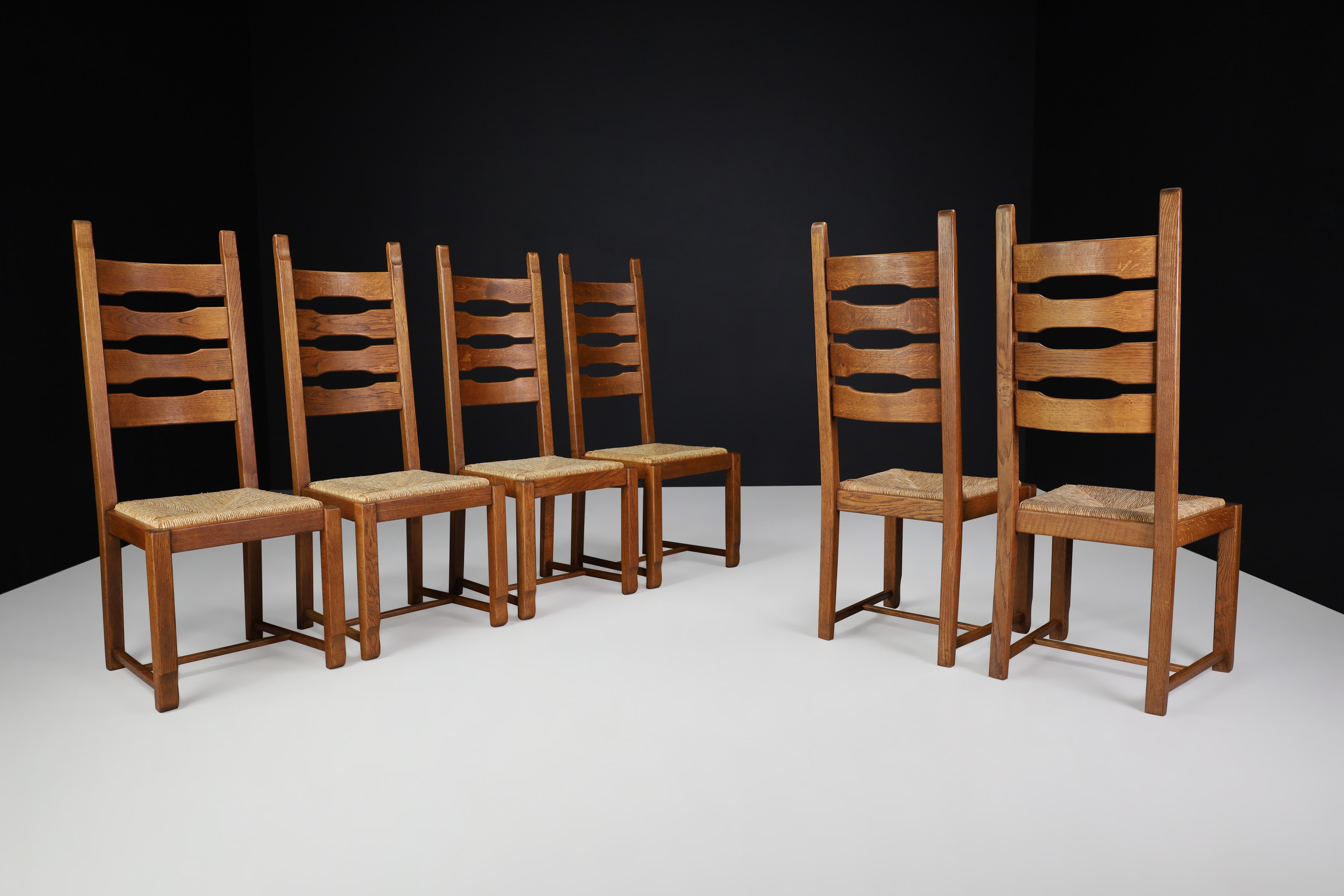 High Back Oak and Rush Dining Chairs, France, 1960s For Sale 2