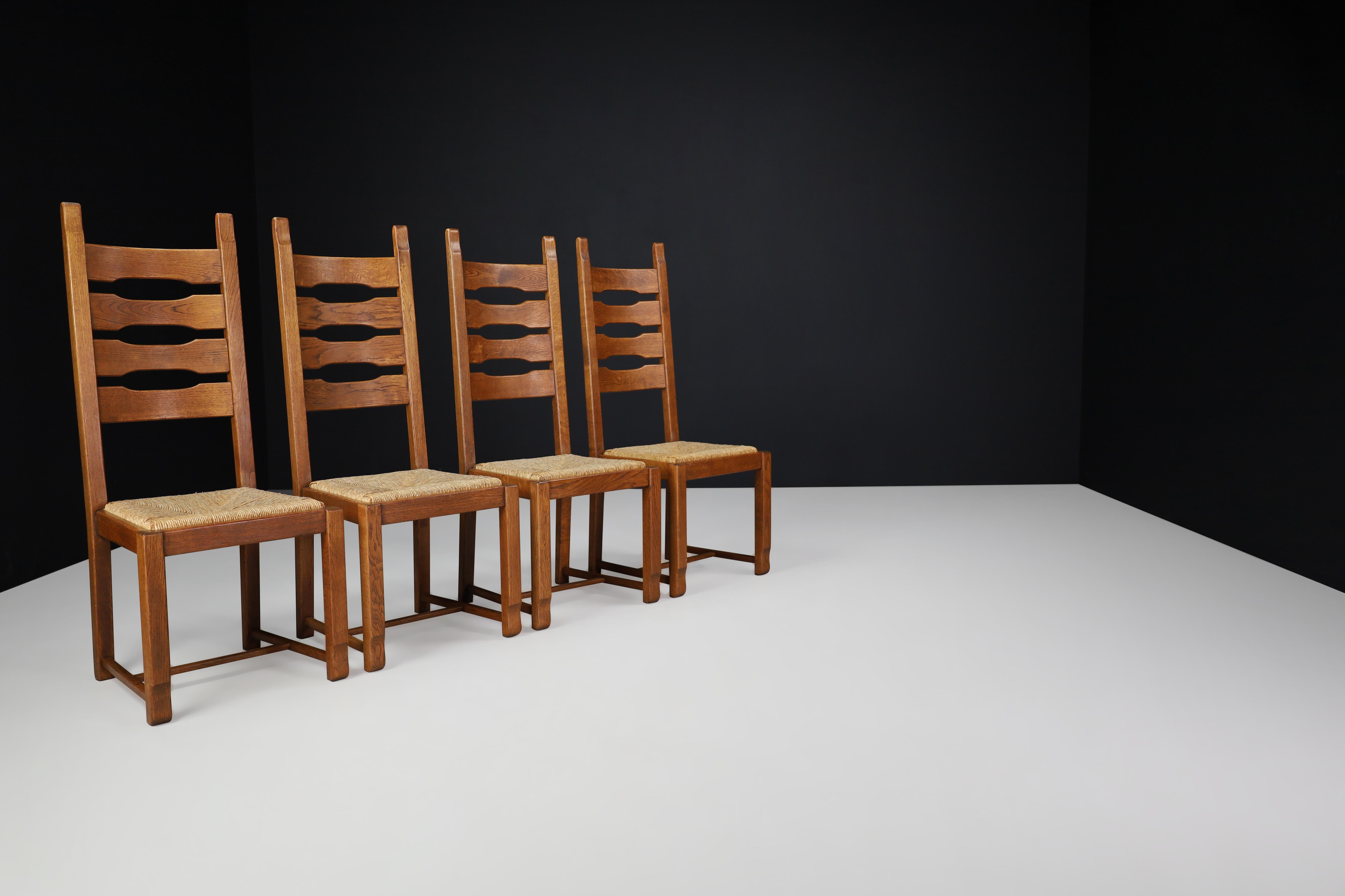 High Back Oak and Rush Dining Chairs, France, 1960s For Sale 3