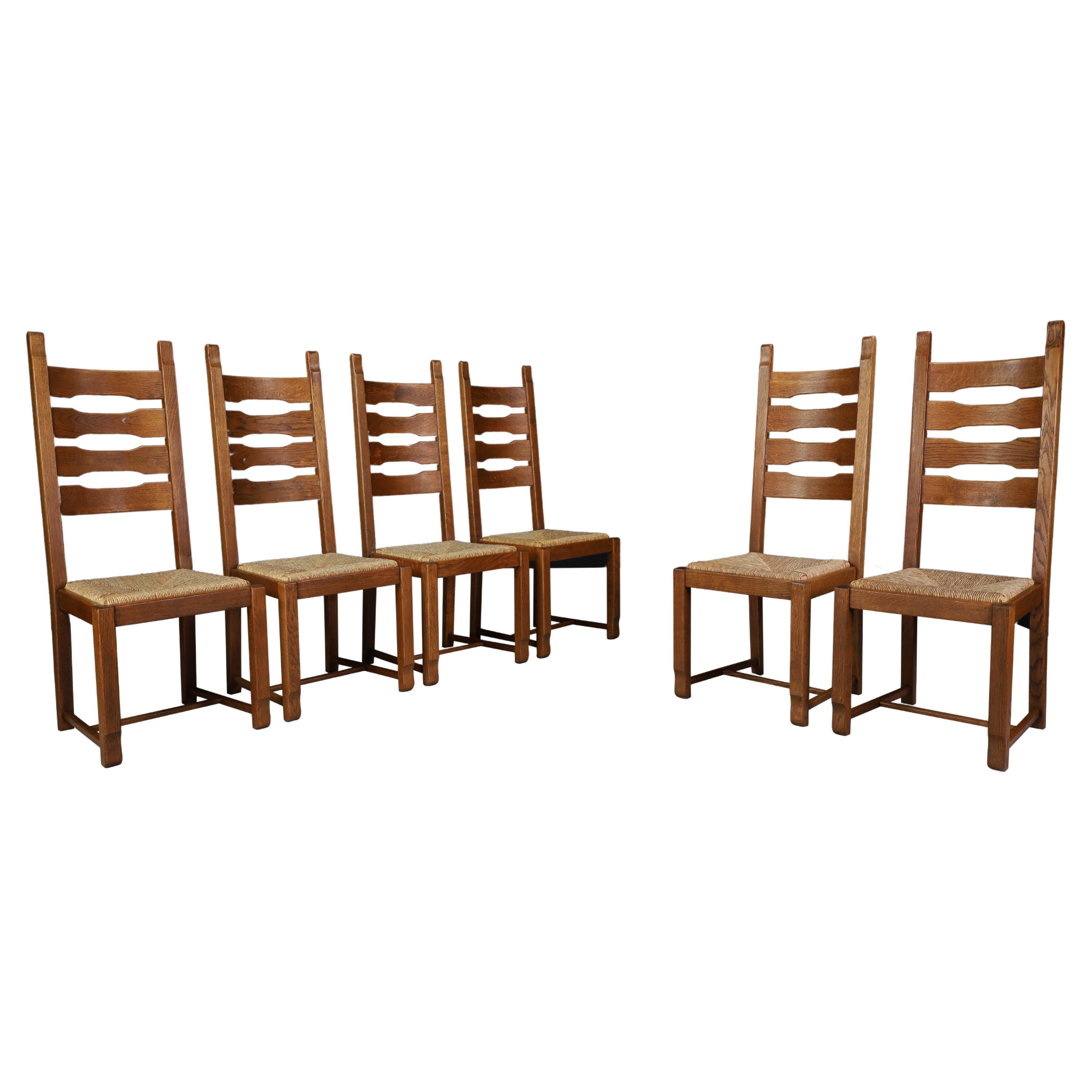 High Back Oak and Rush Dining Chairs, France, 1960s For Sale