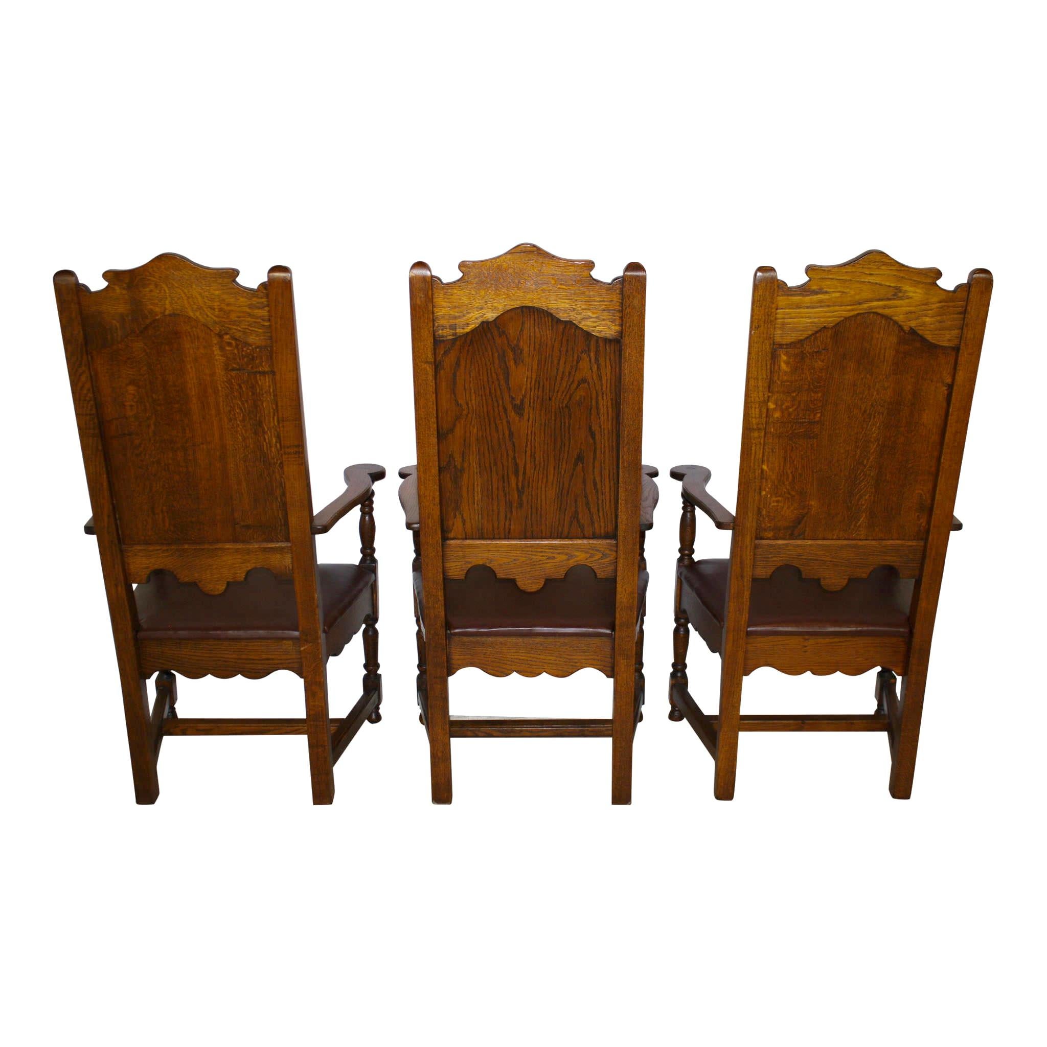 High Back Oak Armchairs with Leather Seats, Set of Six, circa 1910 5