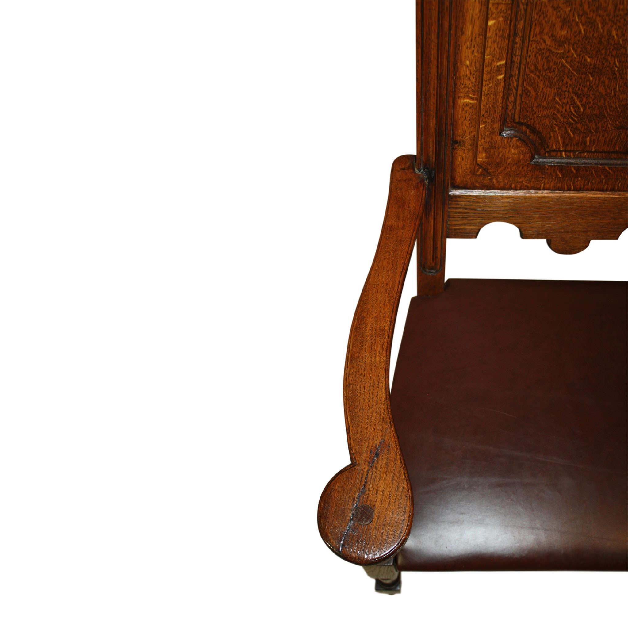 High Back Oak Armchairs with Leather Seats, Set of Six, circa 1910 6