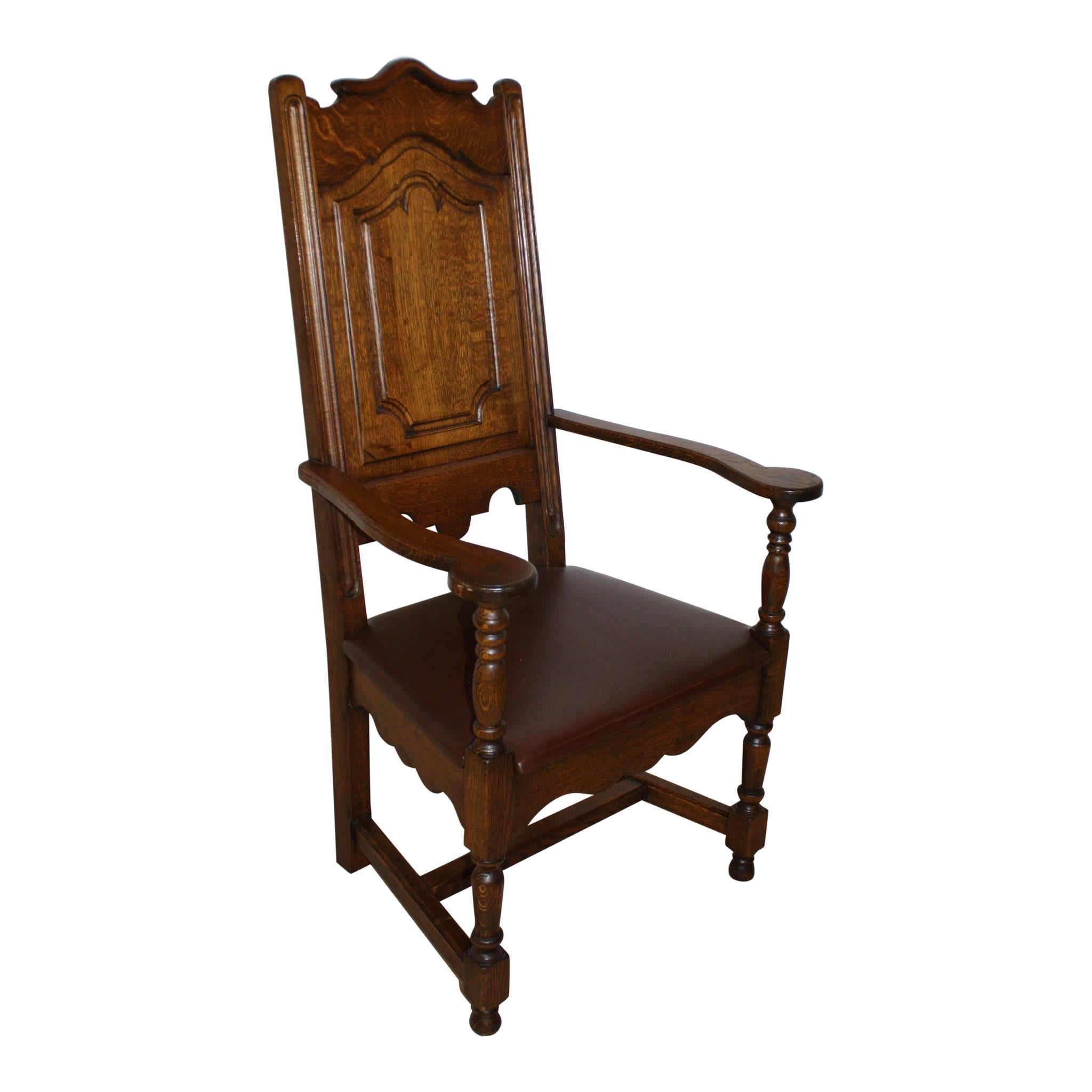 Belgian High Back Oak Armchairs with Leather Seats, Set of Six, circa 1910