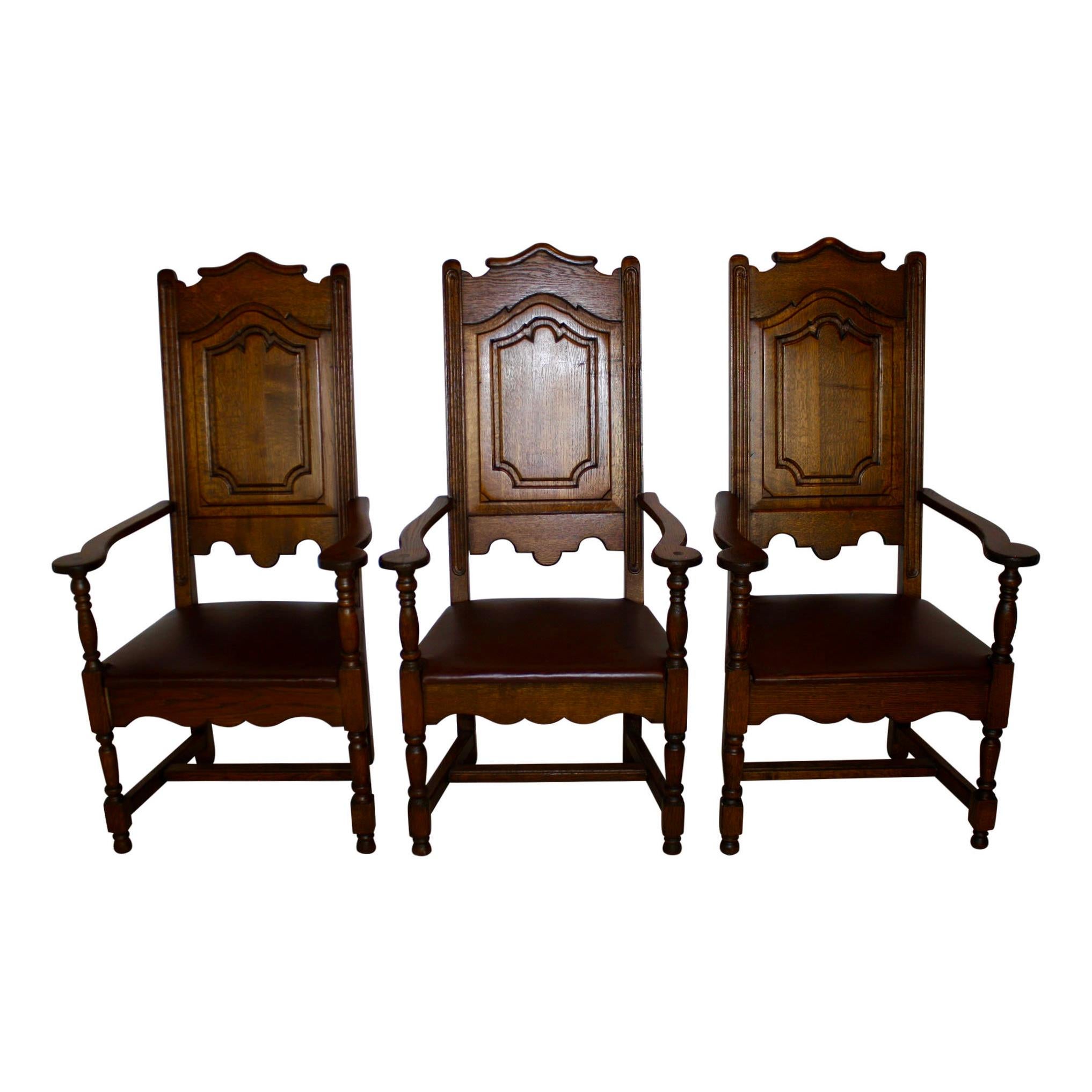 High Back Oak Armchairs with Leather Seats, Set of Six, circa 1910 In Good Condition In Evergreen, CO