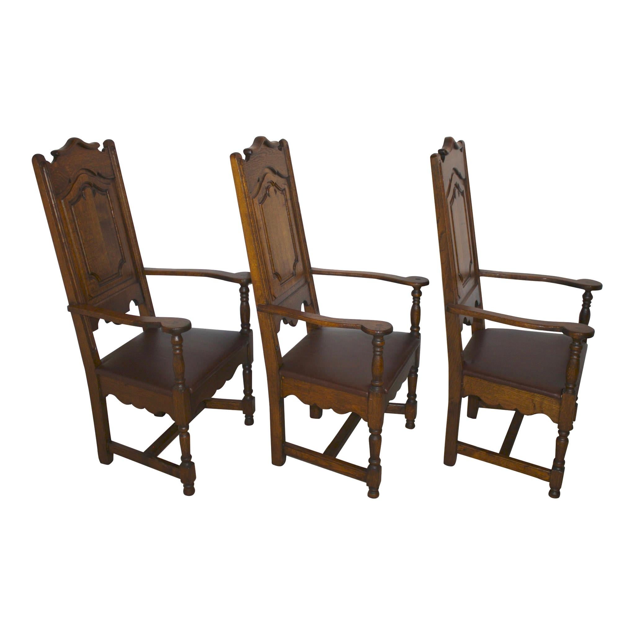 20th Century High Back Oak Armchairs with Leather Seats, Set of Six, circa 1910