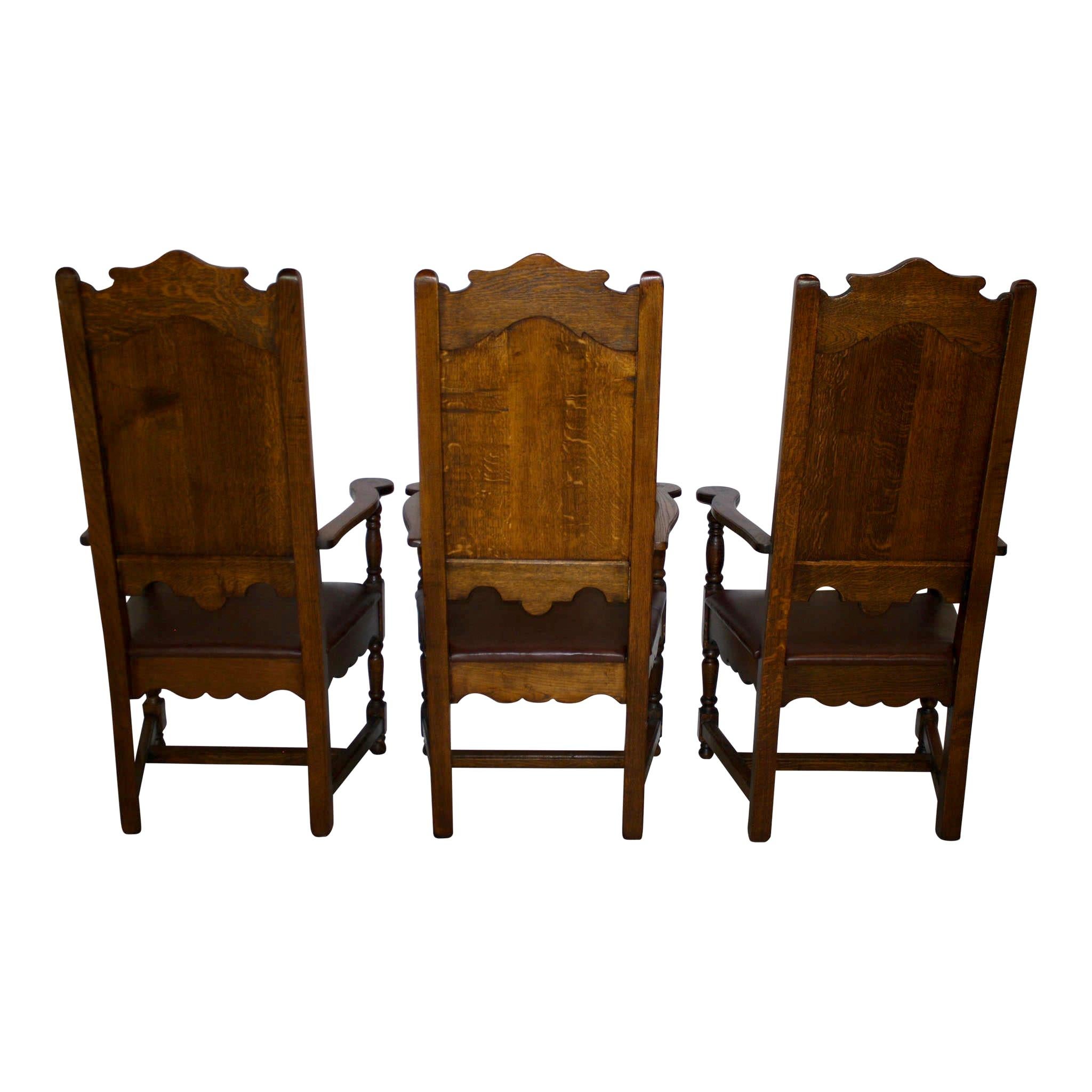 High Back Oak Armchairs with Leather Seats, Set of Six, circa 1910 1