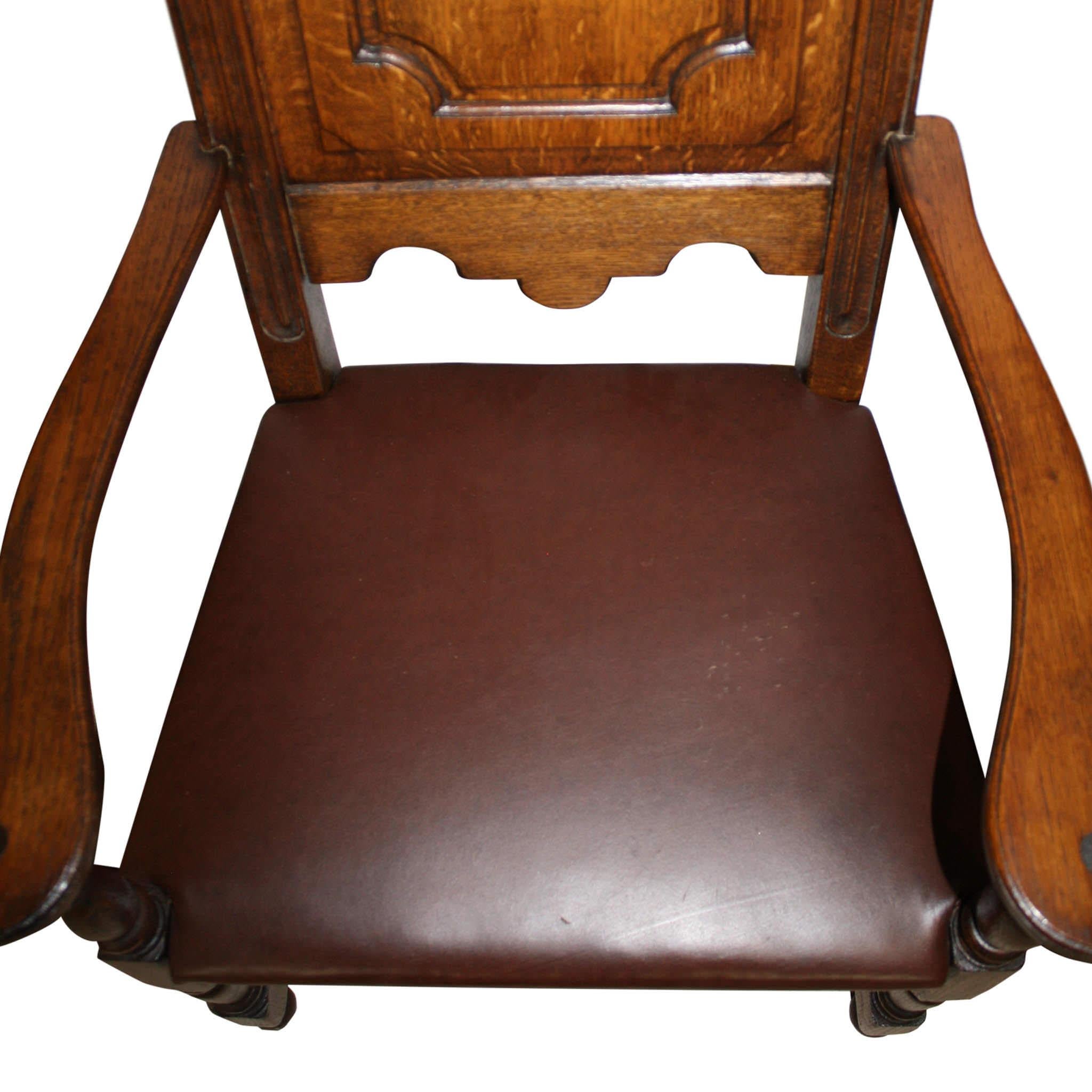 High Back Oak Armchairs with Leather Seats, Set of Six, circa 1910 2