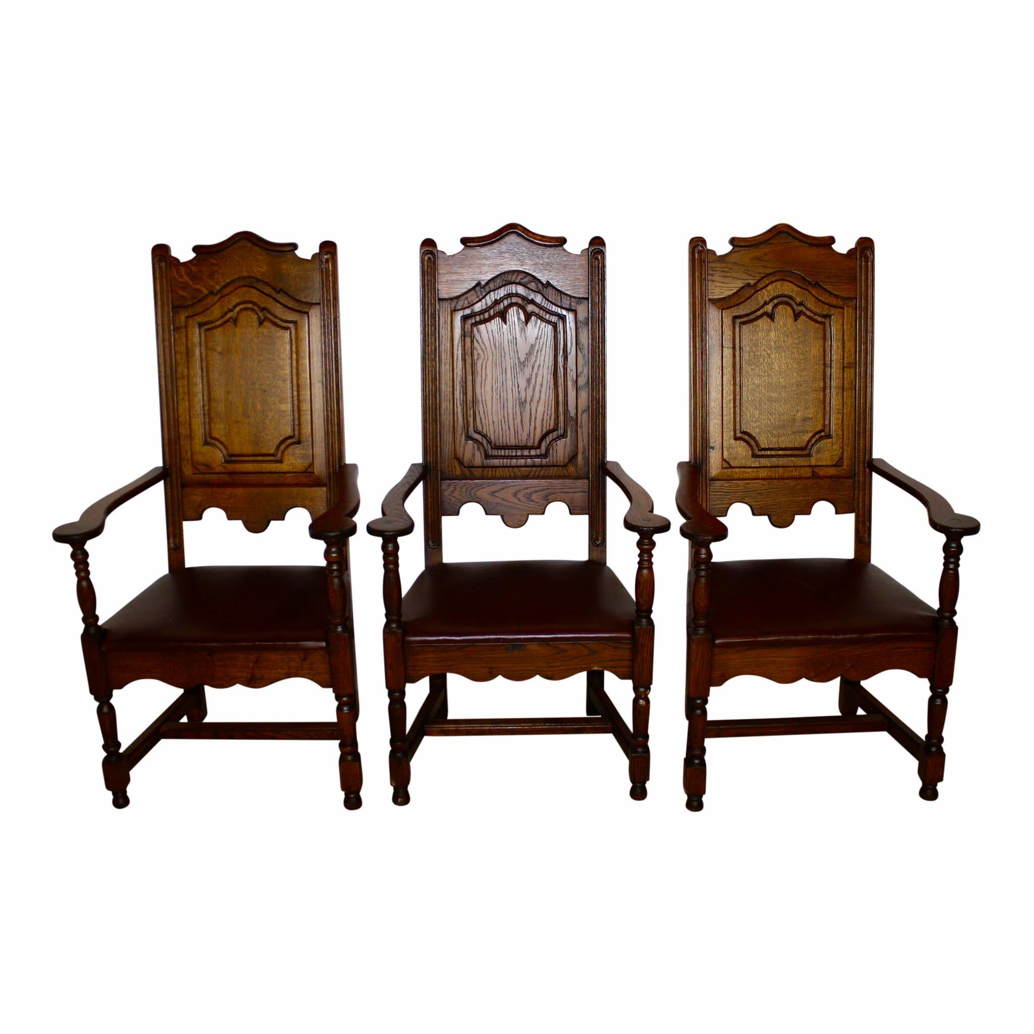 High Back Oak Armchairs with Leather Seats, Set of Six, circa 1910 3