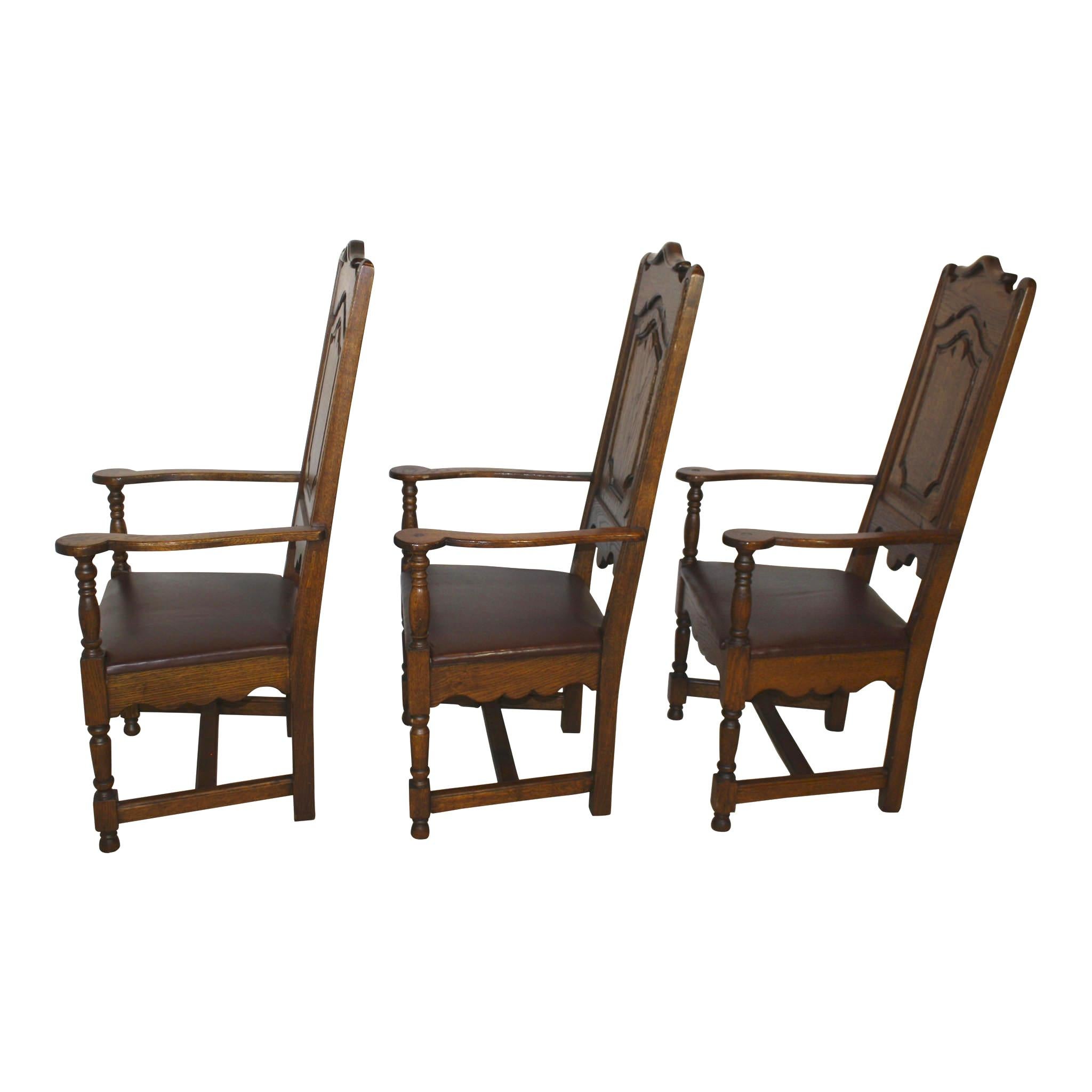 High Back Oak Armchairs with Leather Seats, Set of Six, circa 1910 4