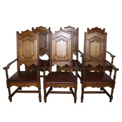 High Back Oak Armchairs with Leather Seats, Set of Six, circa 1910