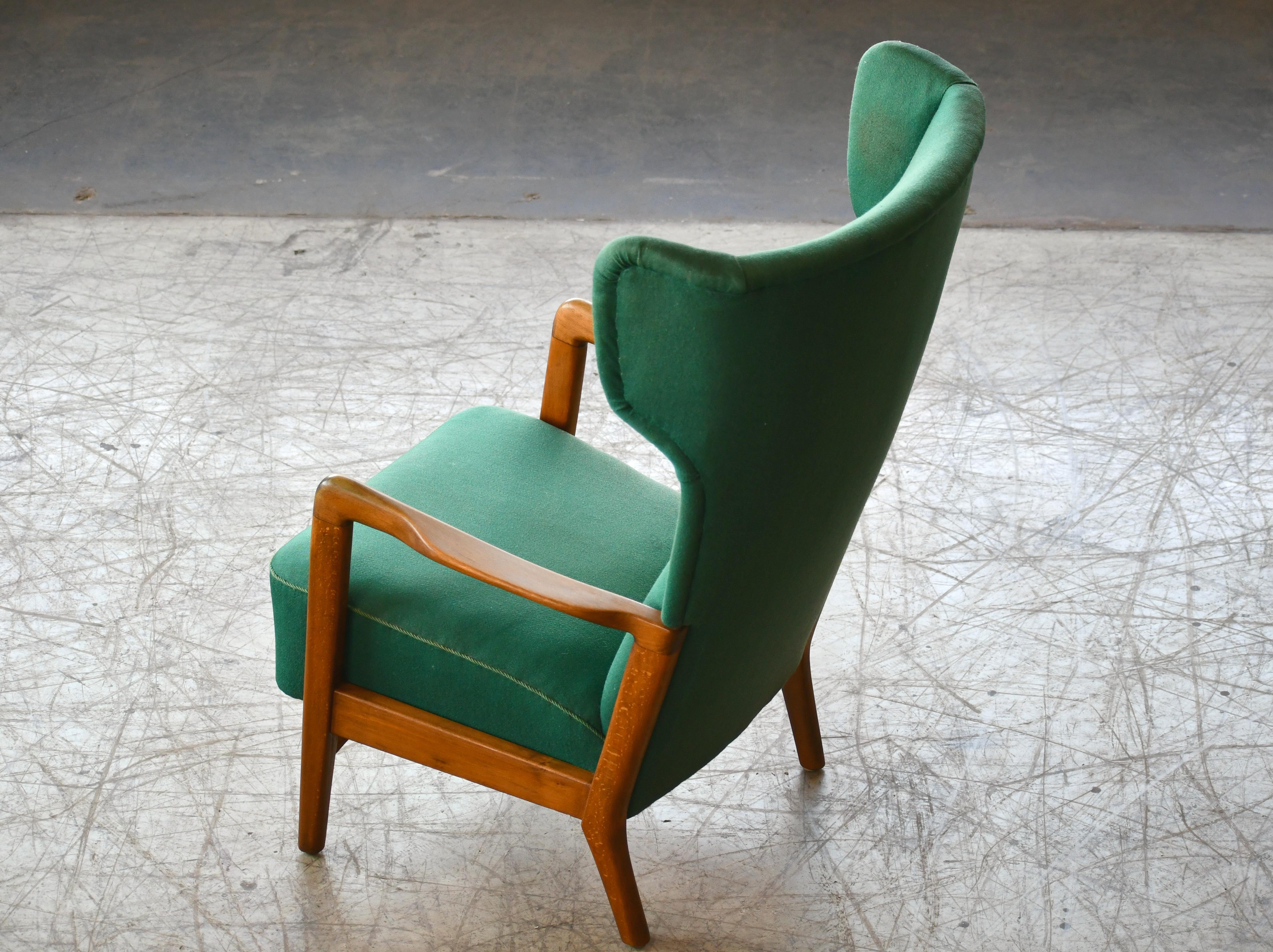 Mid-Century Modern High Back Open Arm Lounge Chair by Fritz Hansen Danish Midcentury