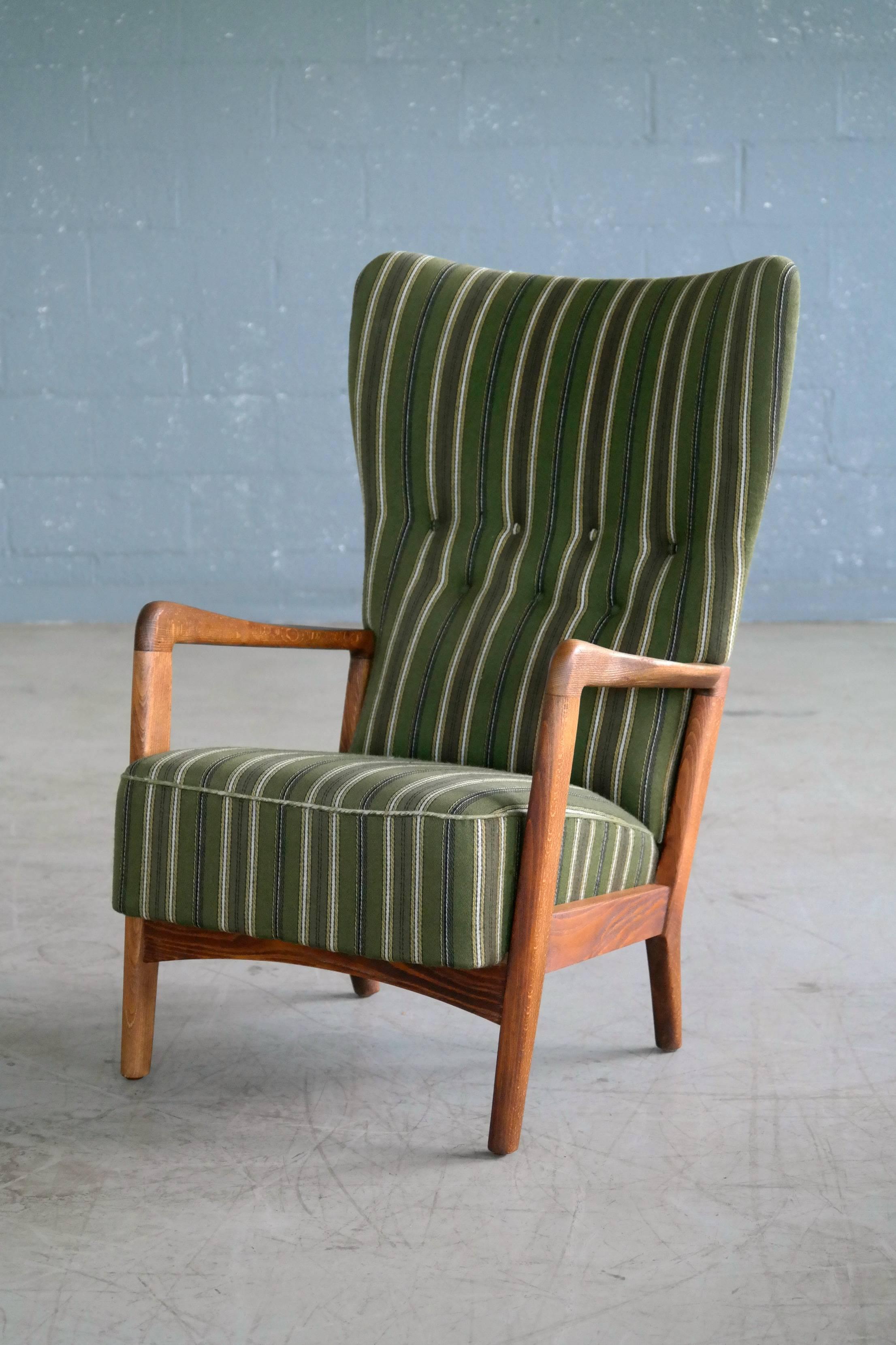 Mid-Century Modern High Back Open-Arm Lounge Chair by in Oak Fritz Hansen Danish Midcentury