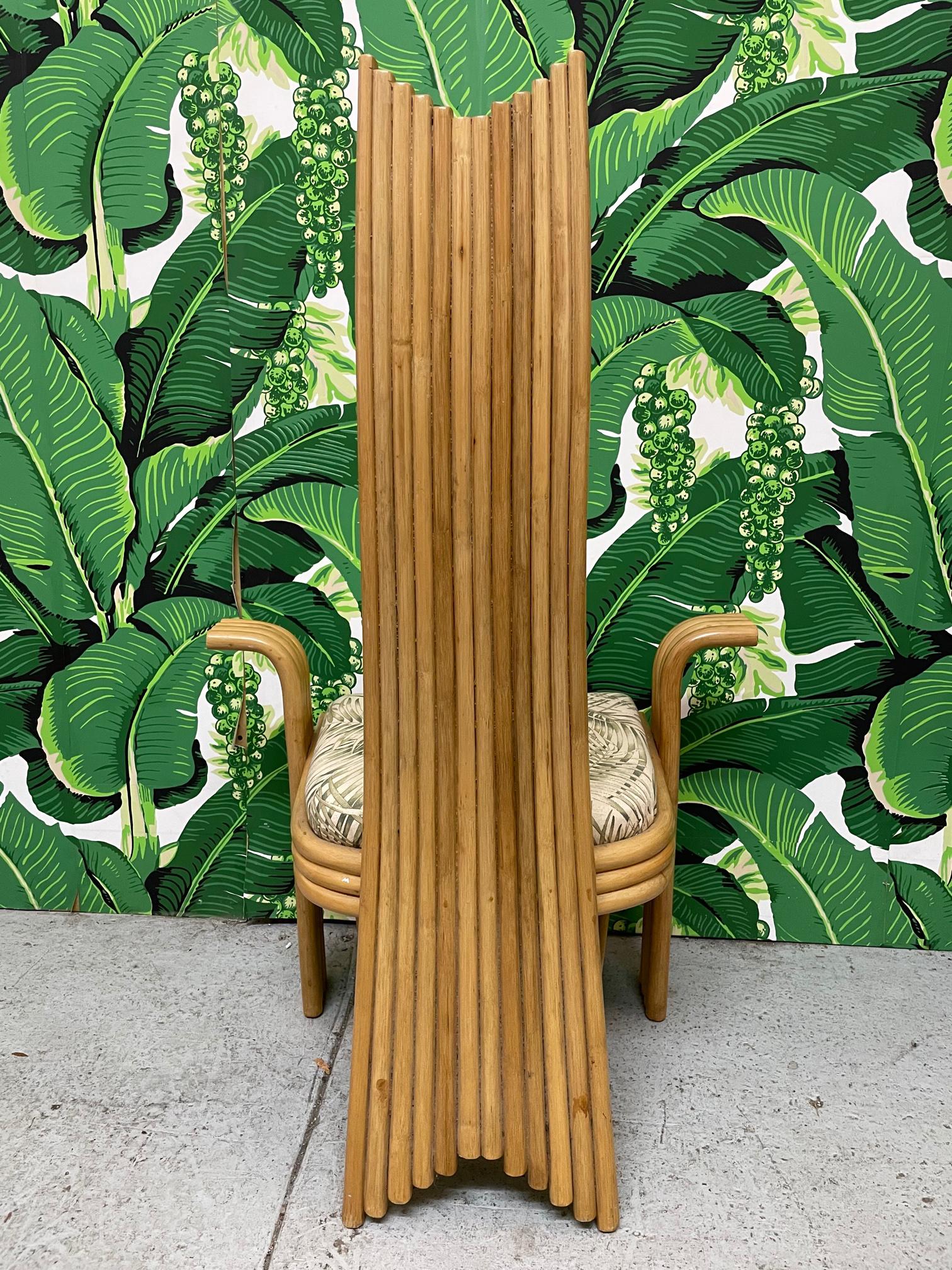 High Back Rattan Dining Chairs in the Style of Danny Ho Fong or Mackintosh In Good Condition For Sale In Jacksonville, FL