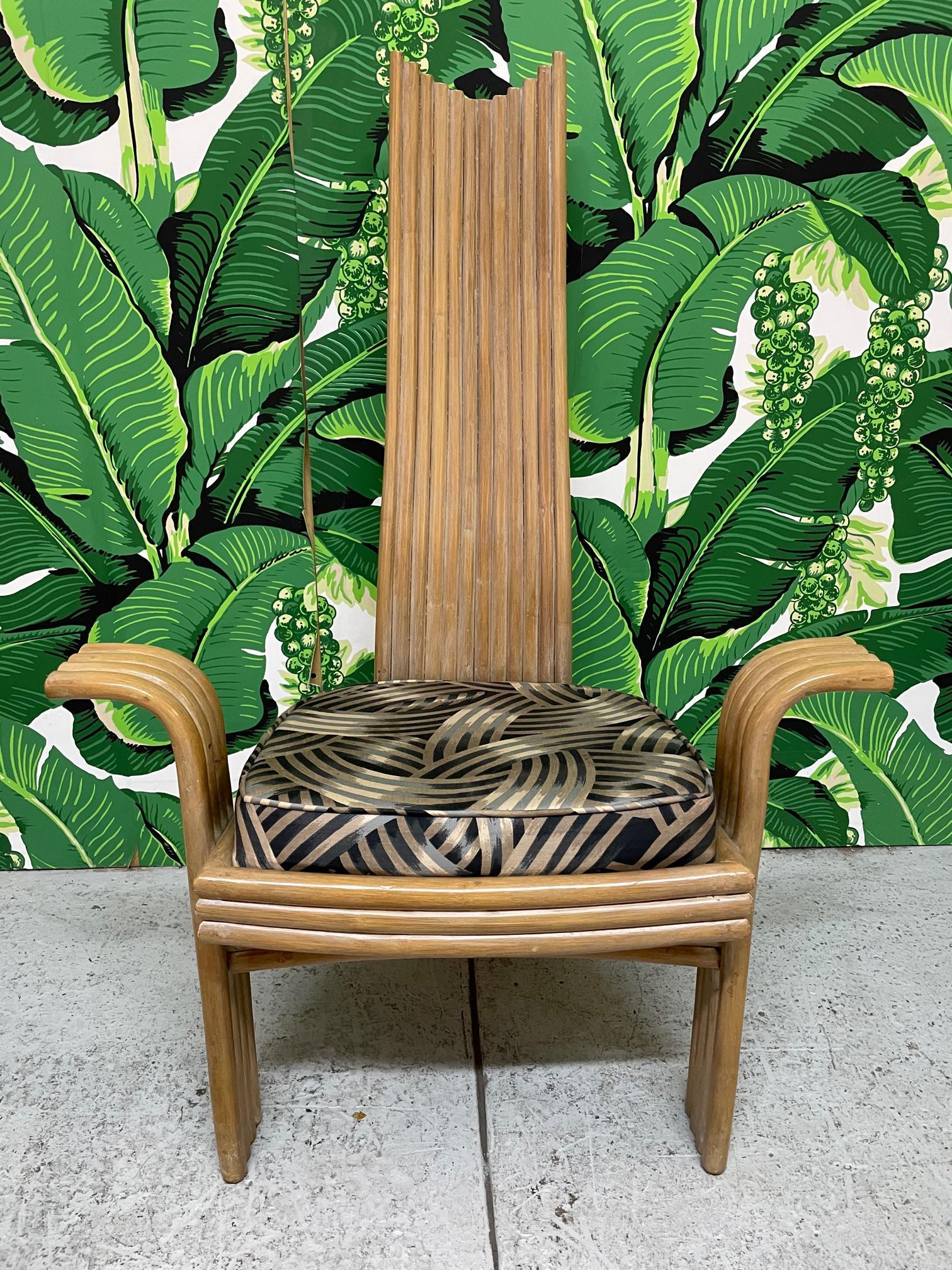 Upholstery High Back Rattan Dining Chairs in the Style of Danny Ho Fong or Mackintosh For Sale