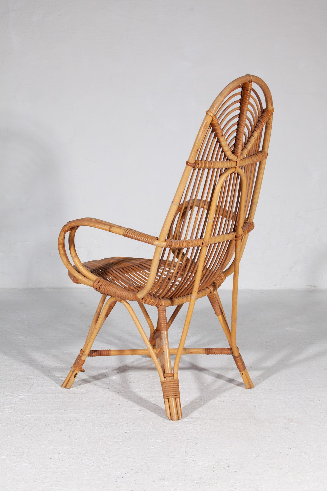 Mid-Century Modern Chaise longue à haut dossier en rotin par Rohe Noordwolde, The Netherlands 1950s en vente