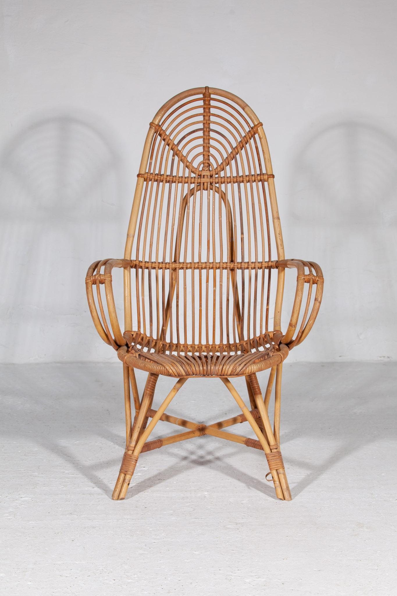 Chaise longue à haut dossier en rotin par Rohe Noordwolde, The Netherlands 1950s Bon état - En vente à Antwerp, BE