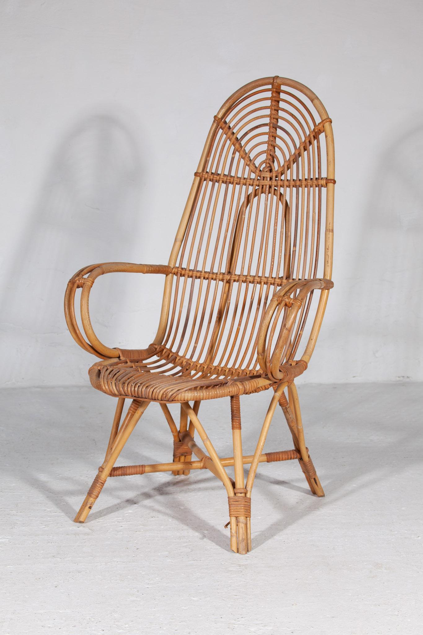 Bambou Chaise longue à haut dossier en rotin par Rohe Noordwolde, The Netherlands 1950s en vente