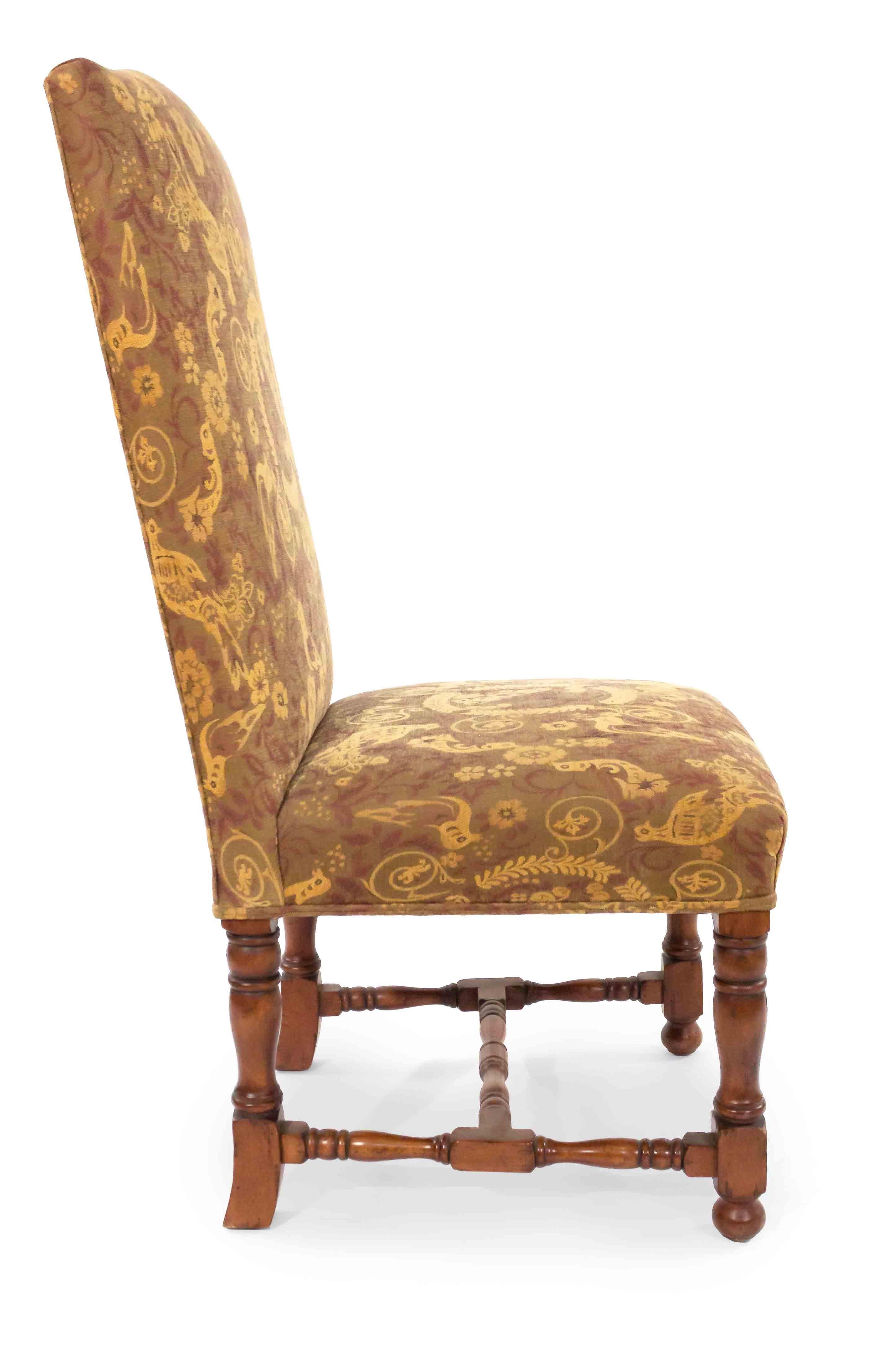 English High Back Renaissance Style Dining Chairs with Floral Upholstery