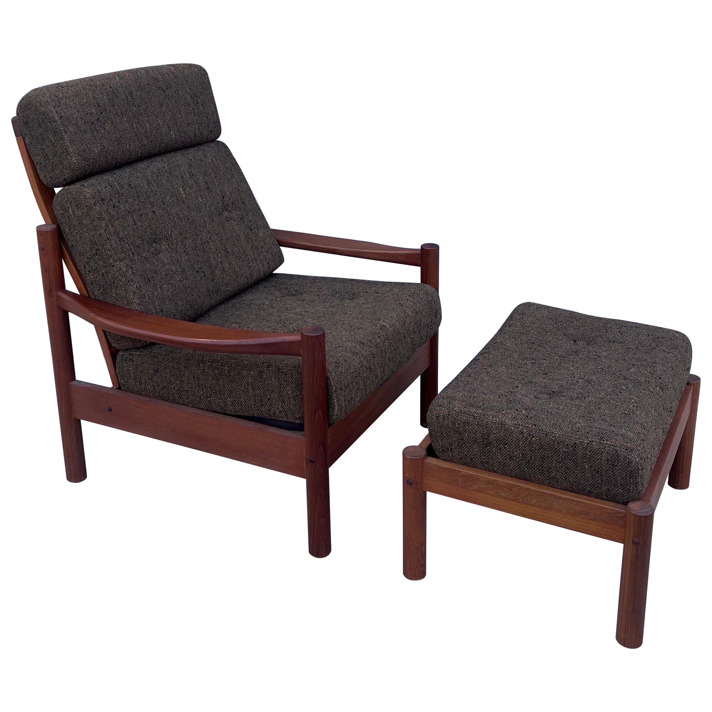 High-Back Sculpted Teak Lounge Chair and Ottoman by Tarm Stole, OG Møbelfabrik