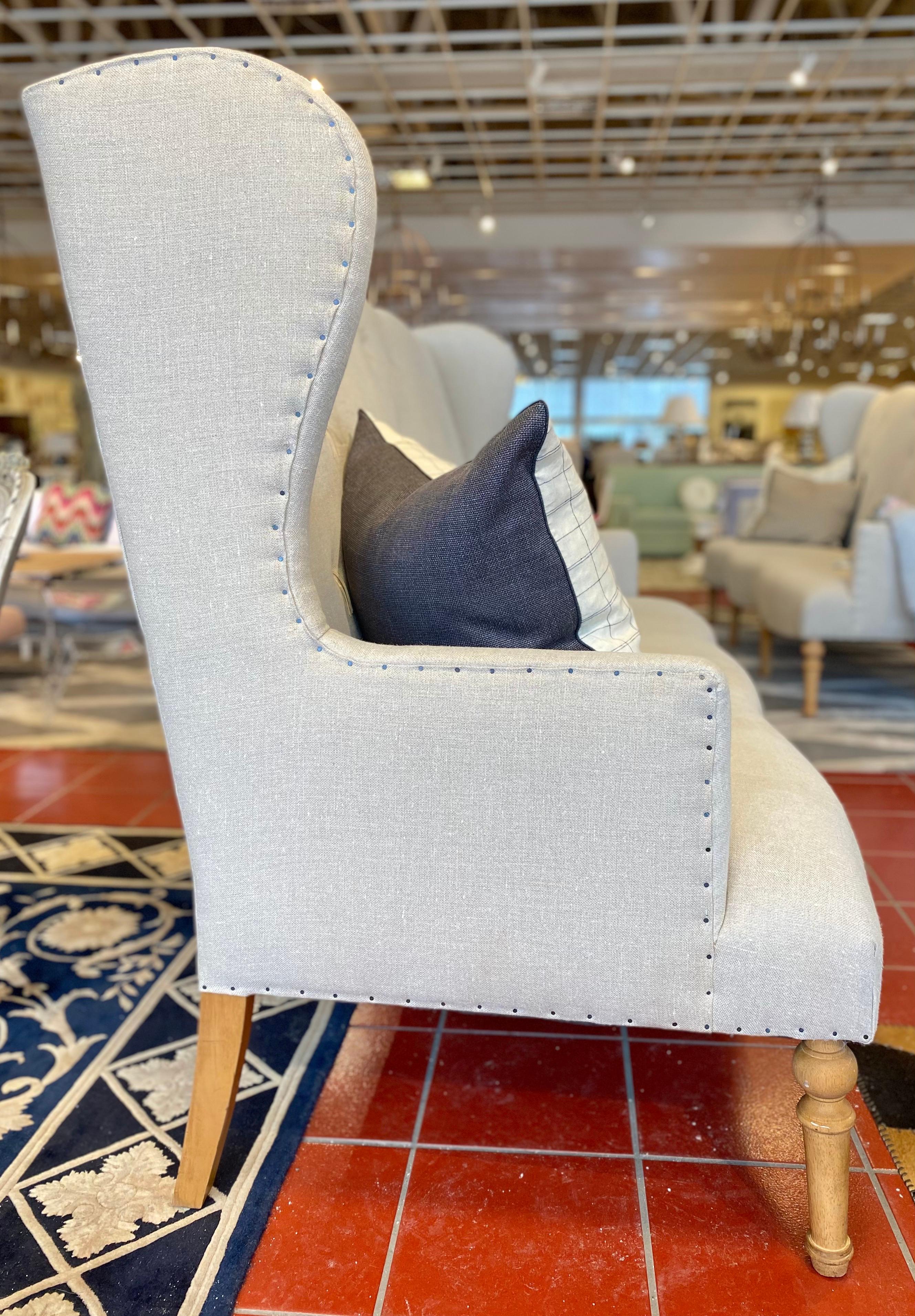 High Back Sofa with Light Wood Legs For Sale at 1stDibs