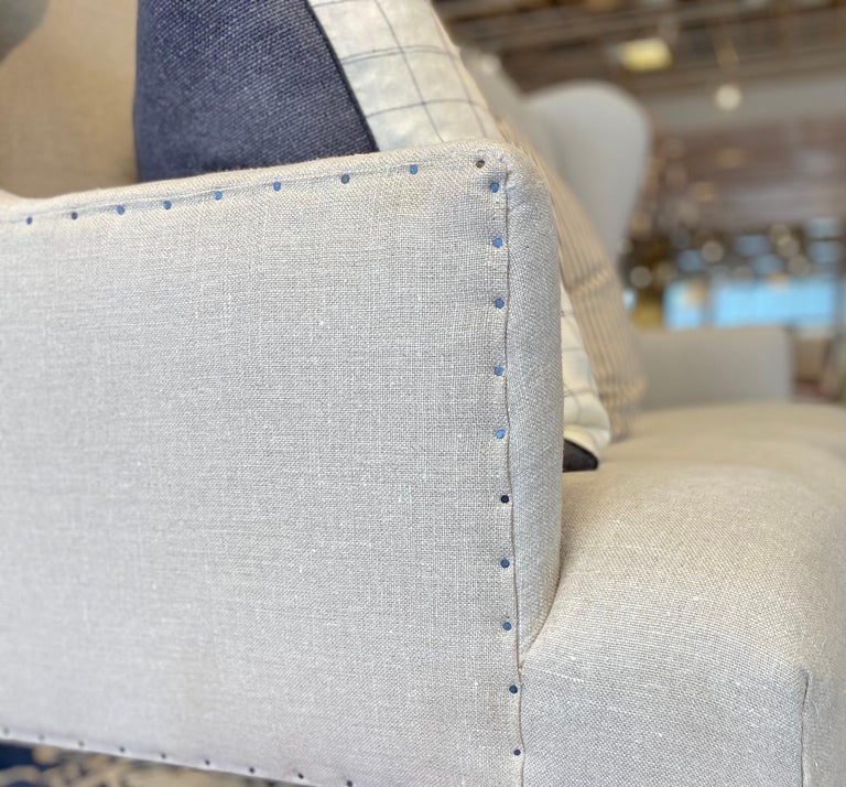 High Back Sofa with Light Wood Legs For Sale at 1stDibs