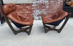 High Back & Standard Luna Brown Leather Lounge Chairs. by Odd Knutsen