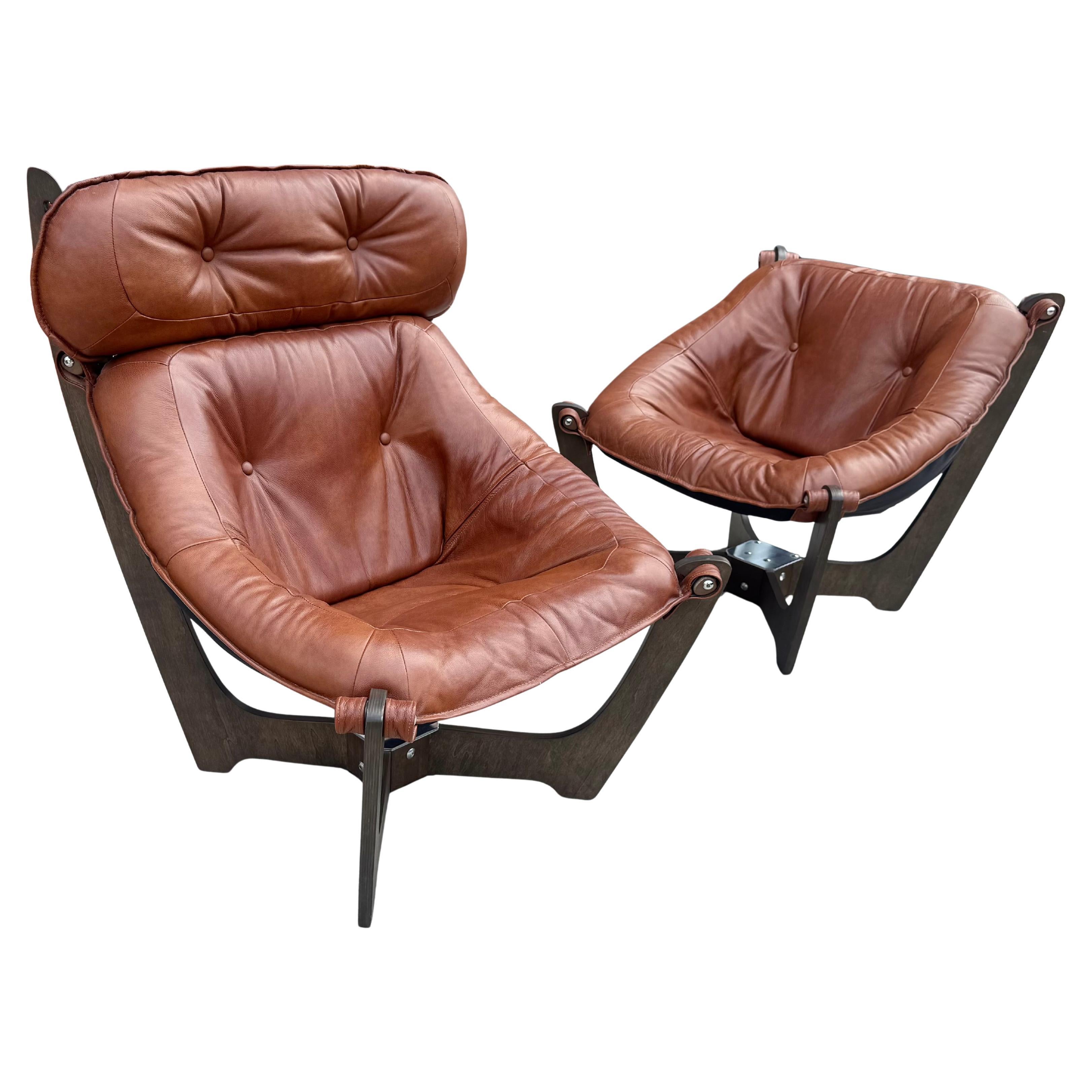 High Back & Standard Luna Brown Leather Lounge Chairs. by Odd Knutsen
