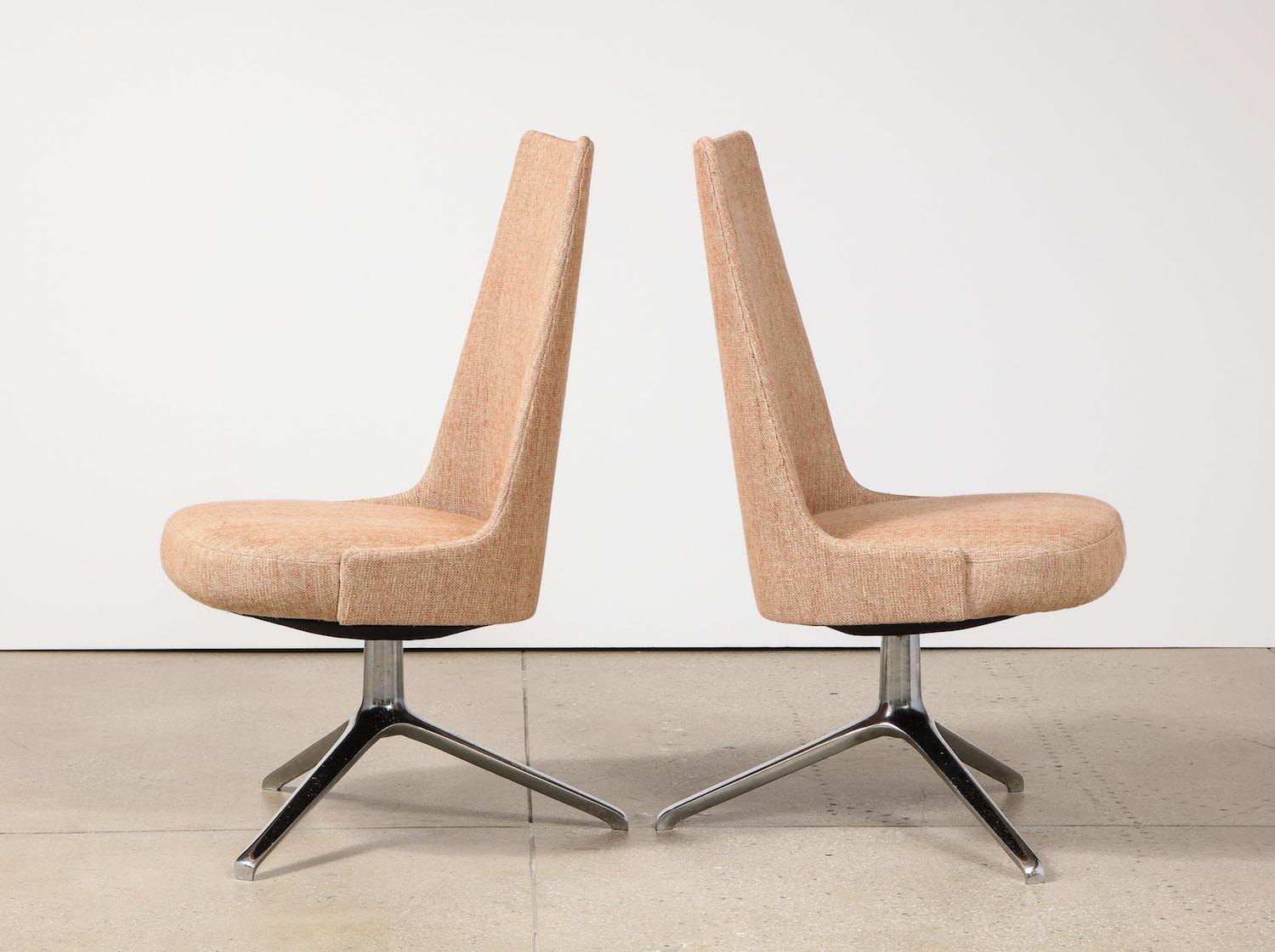 Polished aluminum, steel, fabric. Rare set of custom dining/ desk chairs designed by father & daughter and
Produced by ABV. Sleek upholstered seats supported by tri-legged swivel bases. These chairs were originally
Design for a project in Palm