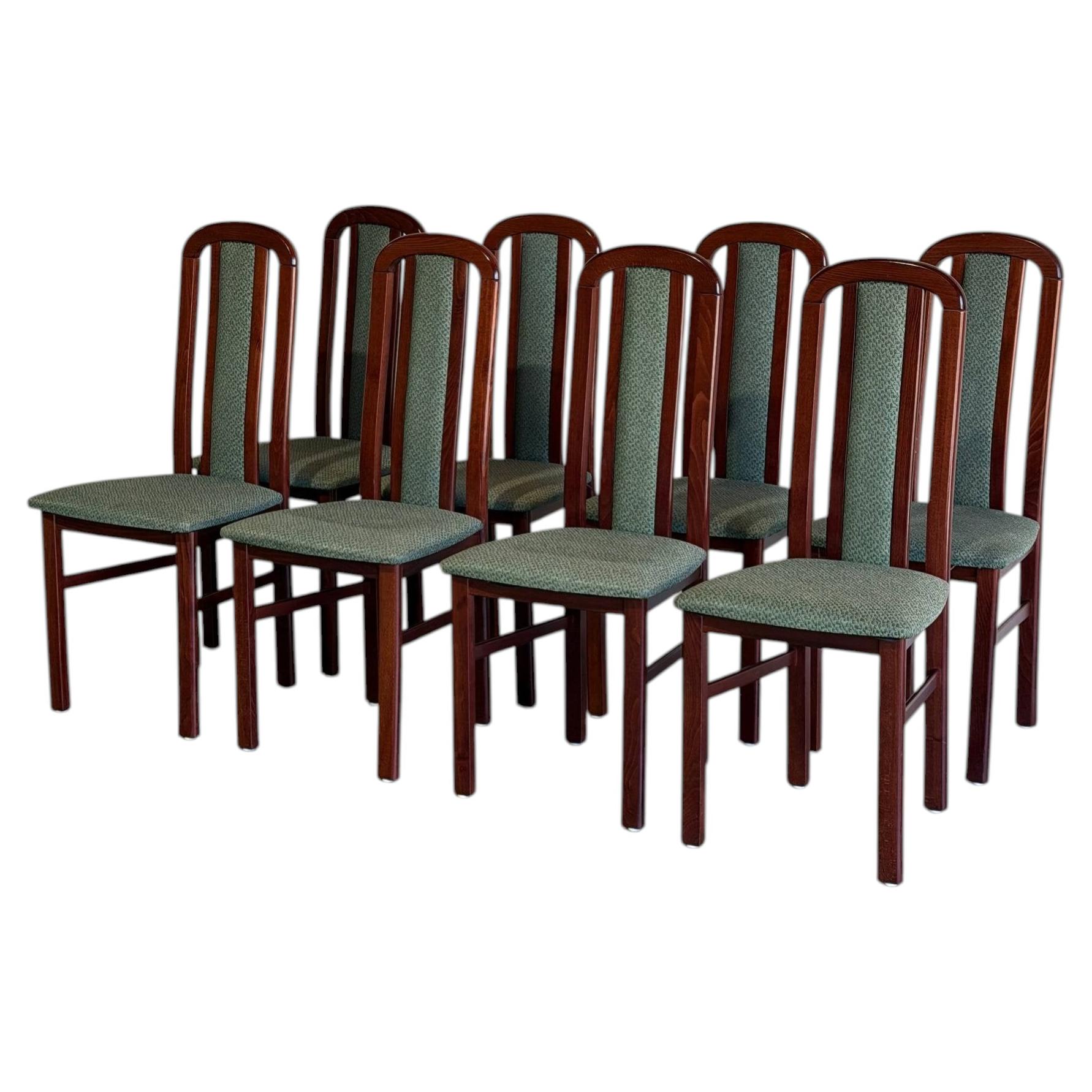 Set di 8 sedie da pranzo in legno con schienale alto e rivestimento verde, stile vintage