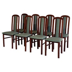 Set di 8 sedie da pranzo in legno con schienale alto e rivestimento verde, stile vintage